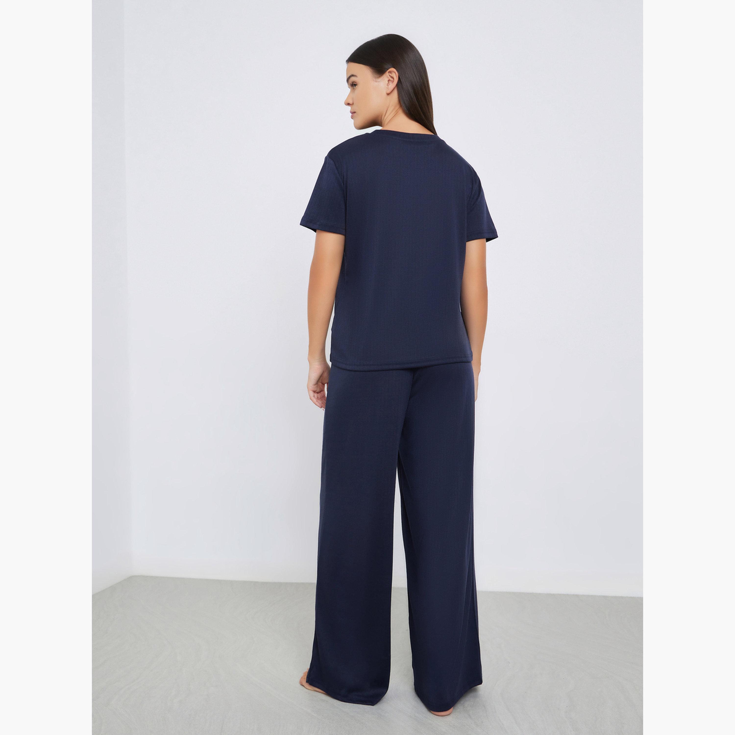 Styli Pointelle Round Neck Placket T-Shirt and Wide Leg Pyjama Set-women-clothing-nightwear-pyjamas-longsets-image-3