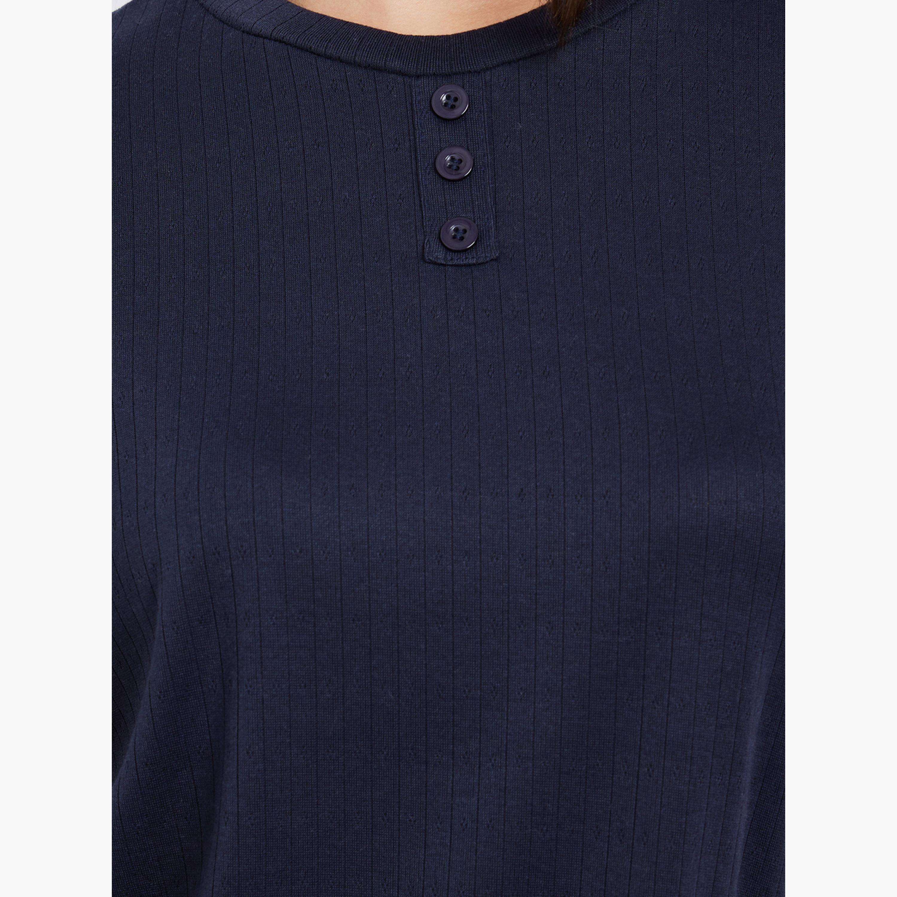 Styli Pointelle Round Neck Placket T-Shirt and Wide Leg Pyjama Set-women-clothing-nightwear-pyjamas-longsets-image-5