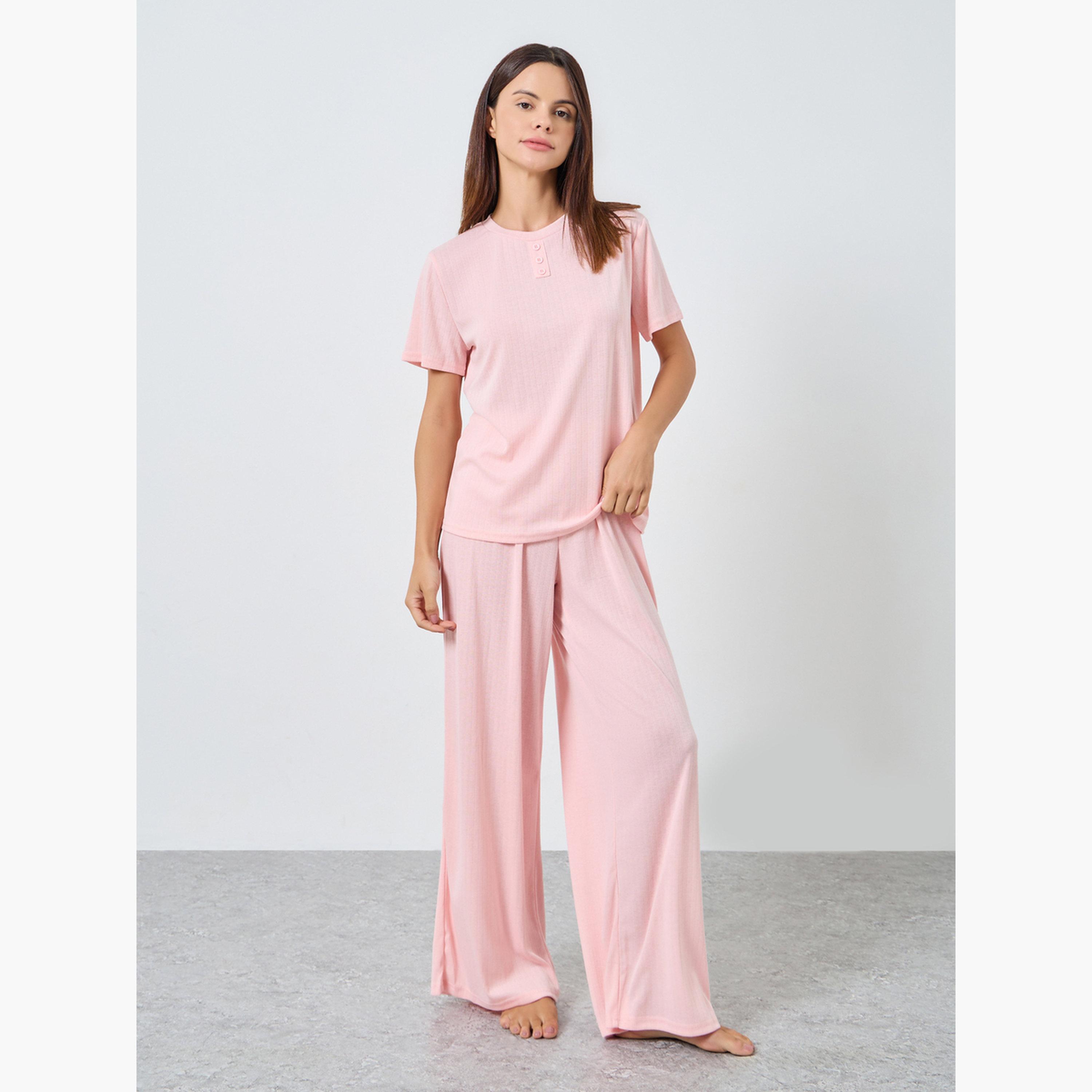 Styli Women Pointelle Round Neck Placket T-Shirt and Wide Leg Pyjama Set-women-clothing-nightwear-pyjamas-longsets-image-1