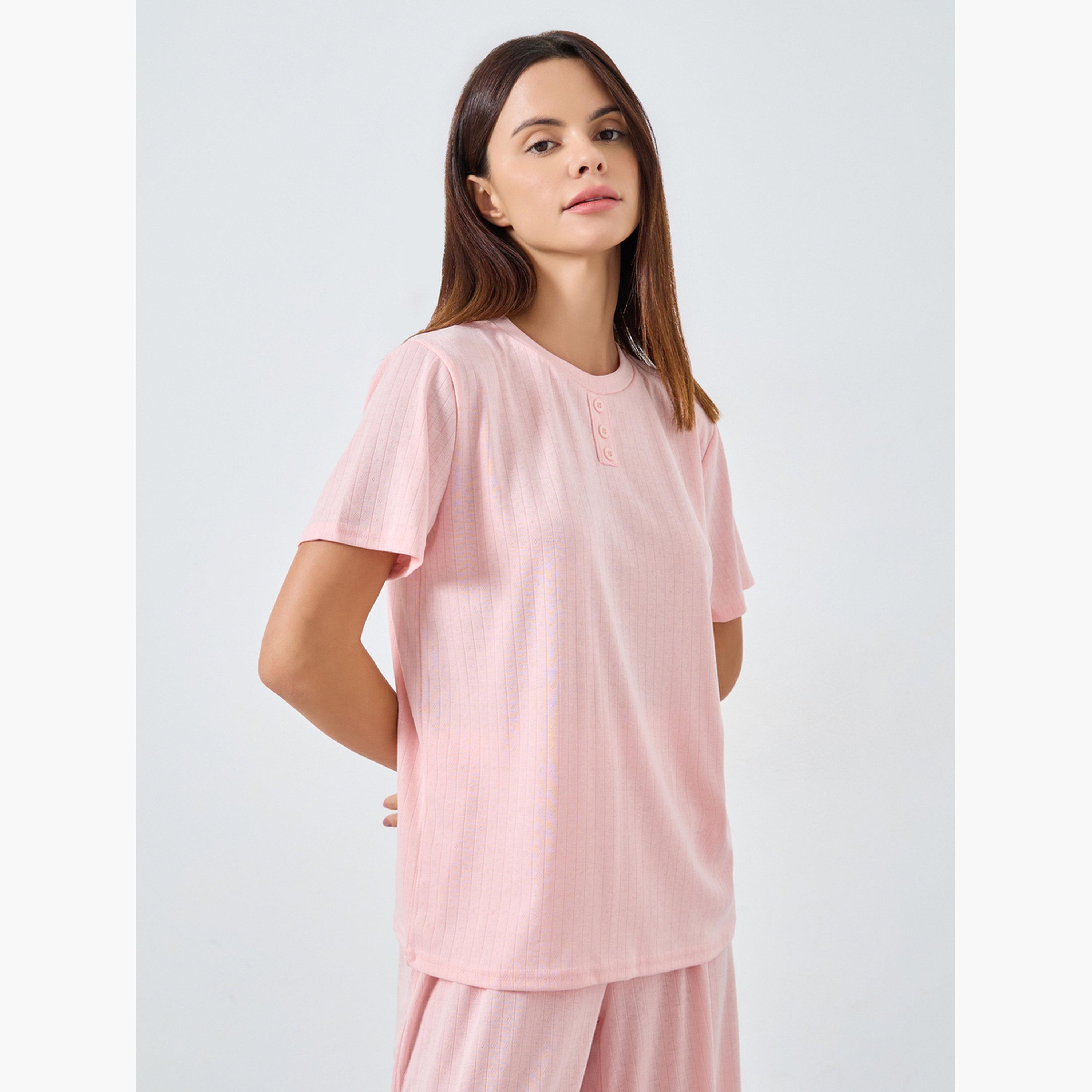 ستايلي - بيجاما بنطال واسع الساق تي شيرت بياقة دائرية وسحّاب للنساء-women-clothing-nightwear-pyjamas-longsets-image-2