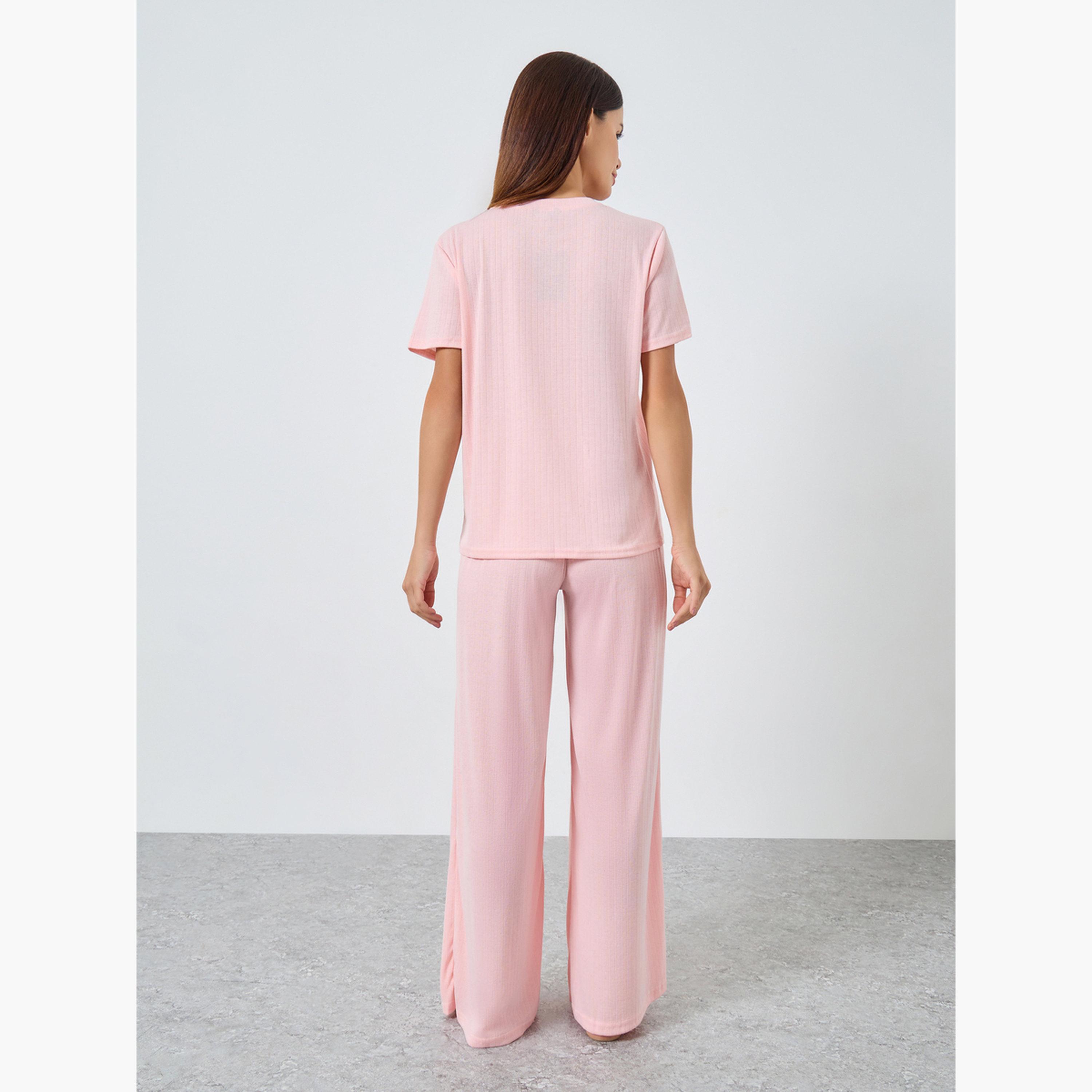 Styli Women Pointelle Round Neck Placket T-Shirt and Wide Leg Pyjama Set-women-clothing-nightwear-pyjamas-longsets-image-3