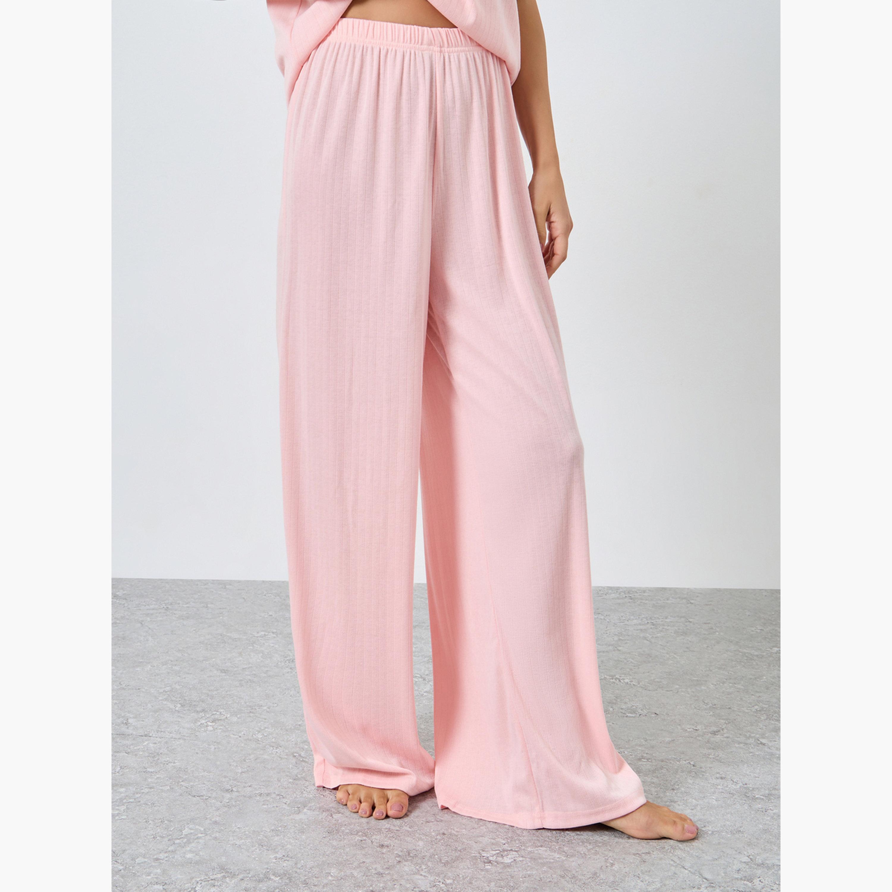 Styli Women Pointelle Round Neck Placket T-Shirt and Wide Leg Pyjama Set-women-clothing-nightwear-pyjamas-longsets-image-4