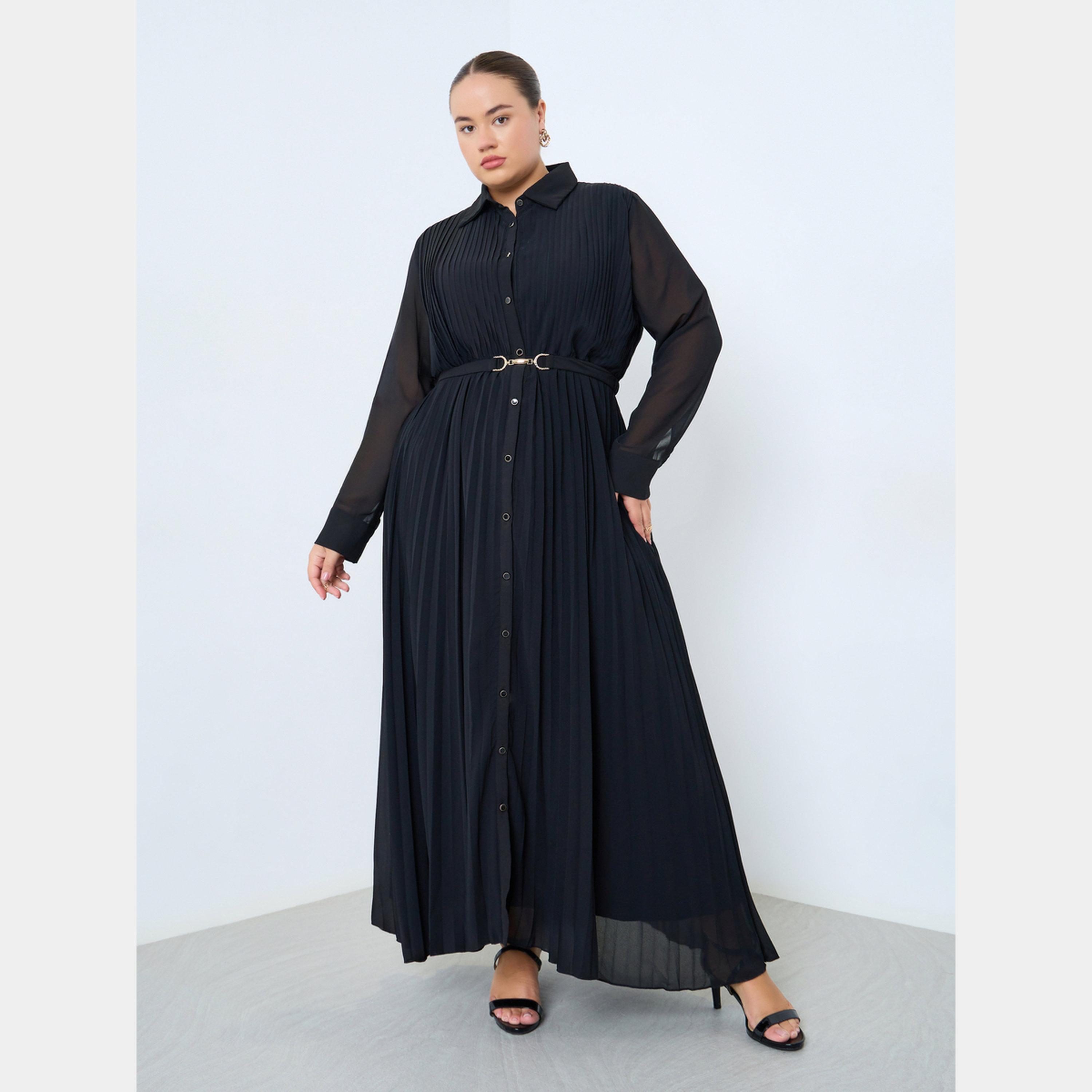 ستايلي - فستان ماكسي مطوي بأكمام طويلة وياقة وأزرار للنساء بمقاس واسع مع حزام-women-clothing-dresses-image-1