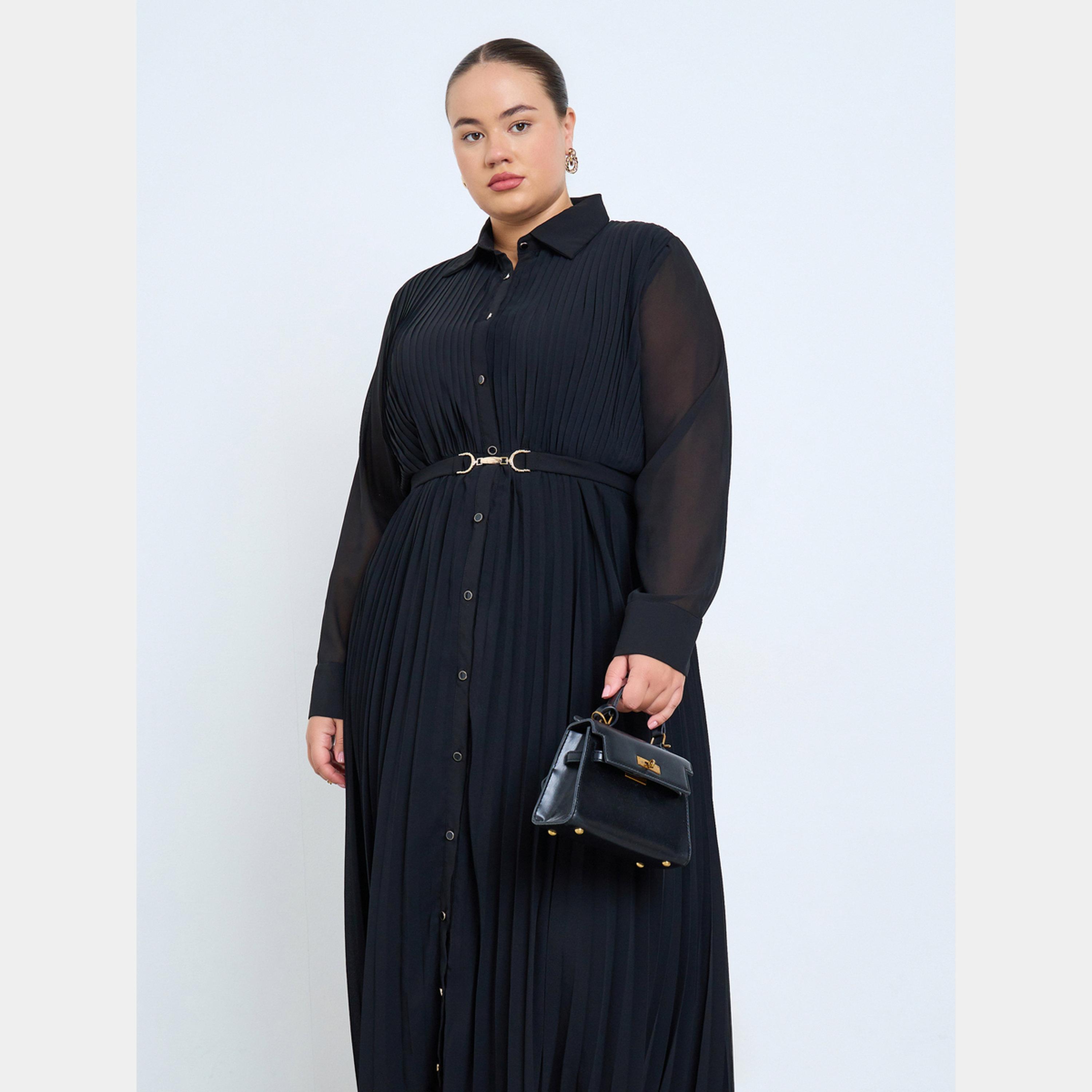 ستايلي - فستان ماكسي مطوي بأكمام طويلة وياقة وأزرار للنساء بمقاس واسع مع حزام-women-clothing-dresses-image-2