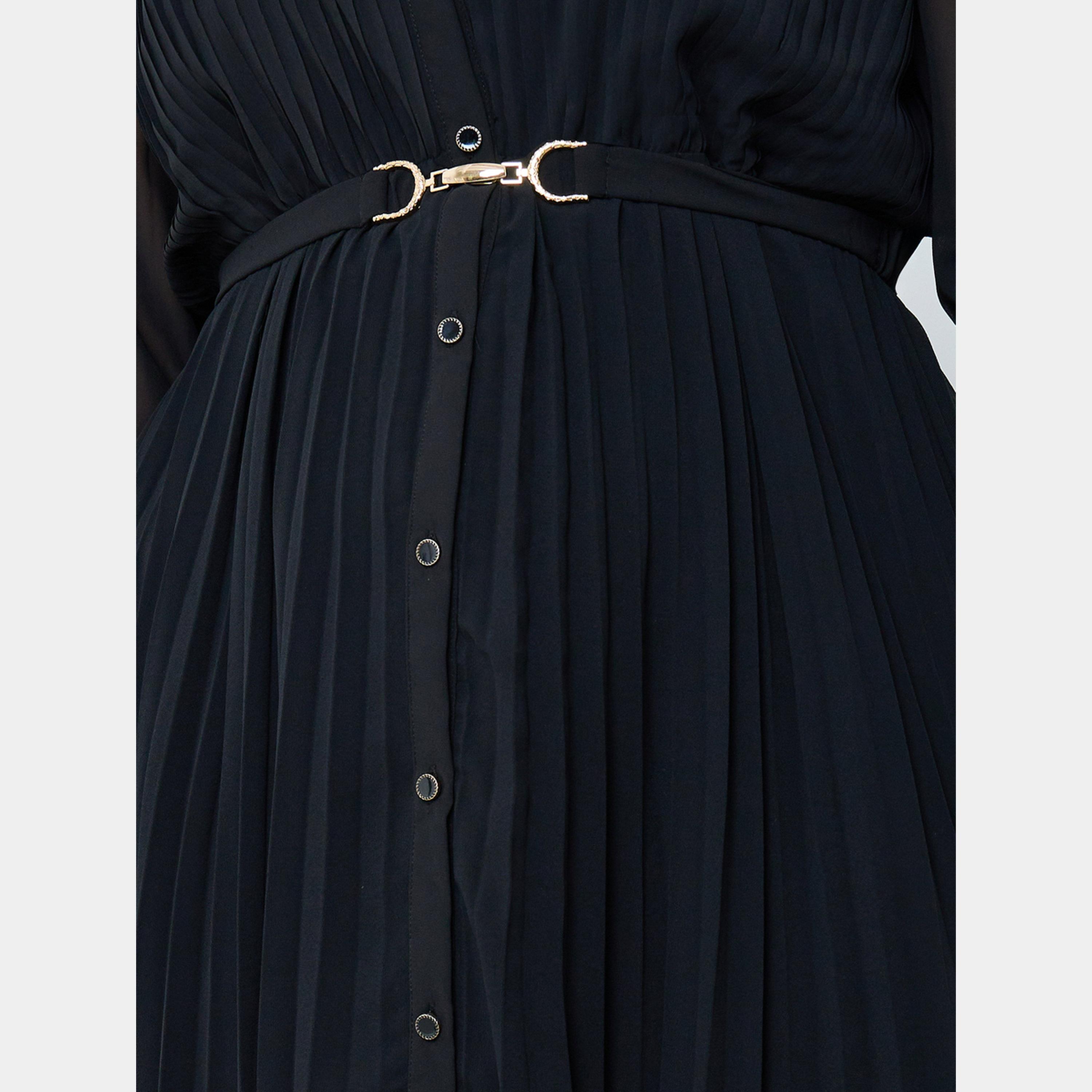 ستايلي - فستان ماكسي مطوي بأكمام طويلة وياقة وأزرار للنساء بمقاس واسع مع حزام-women-clothing-dresses-image-3