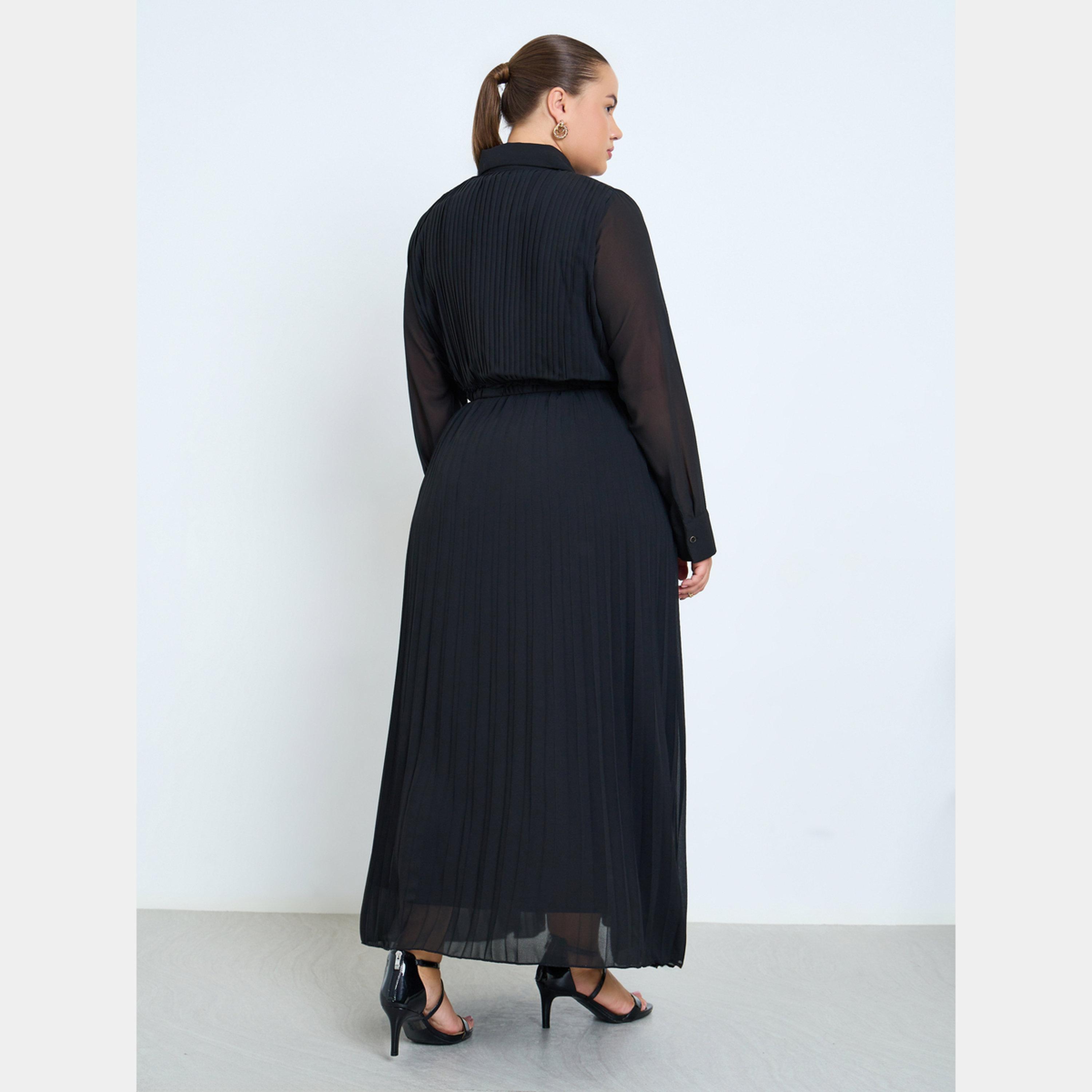 ستايلي - فستان ماكسي مطوي بأكمام طويلة وياقة وأزرار للنساء بمقاس واسع مع حزام-women-clothing-dresses-image-4