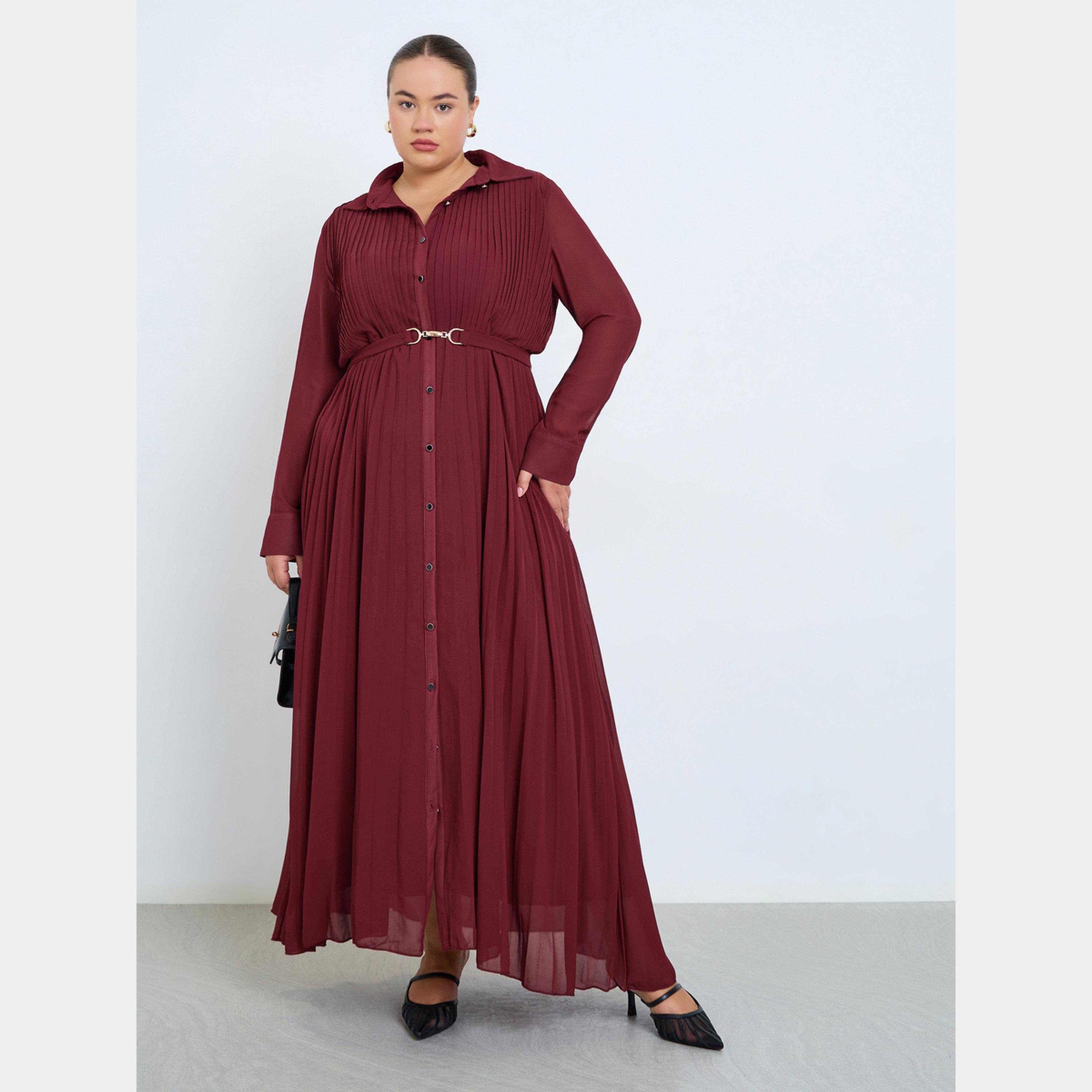 ستايلي - فستان ماكسي مطوي بأكمام طويلة وياقة وأزرار للنساء بمقاس واسع مع حزام-women-clothing-dresses-image-1