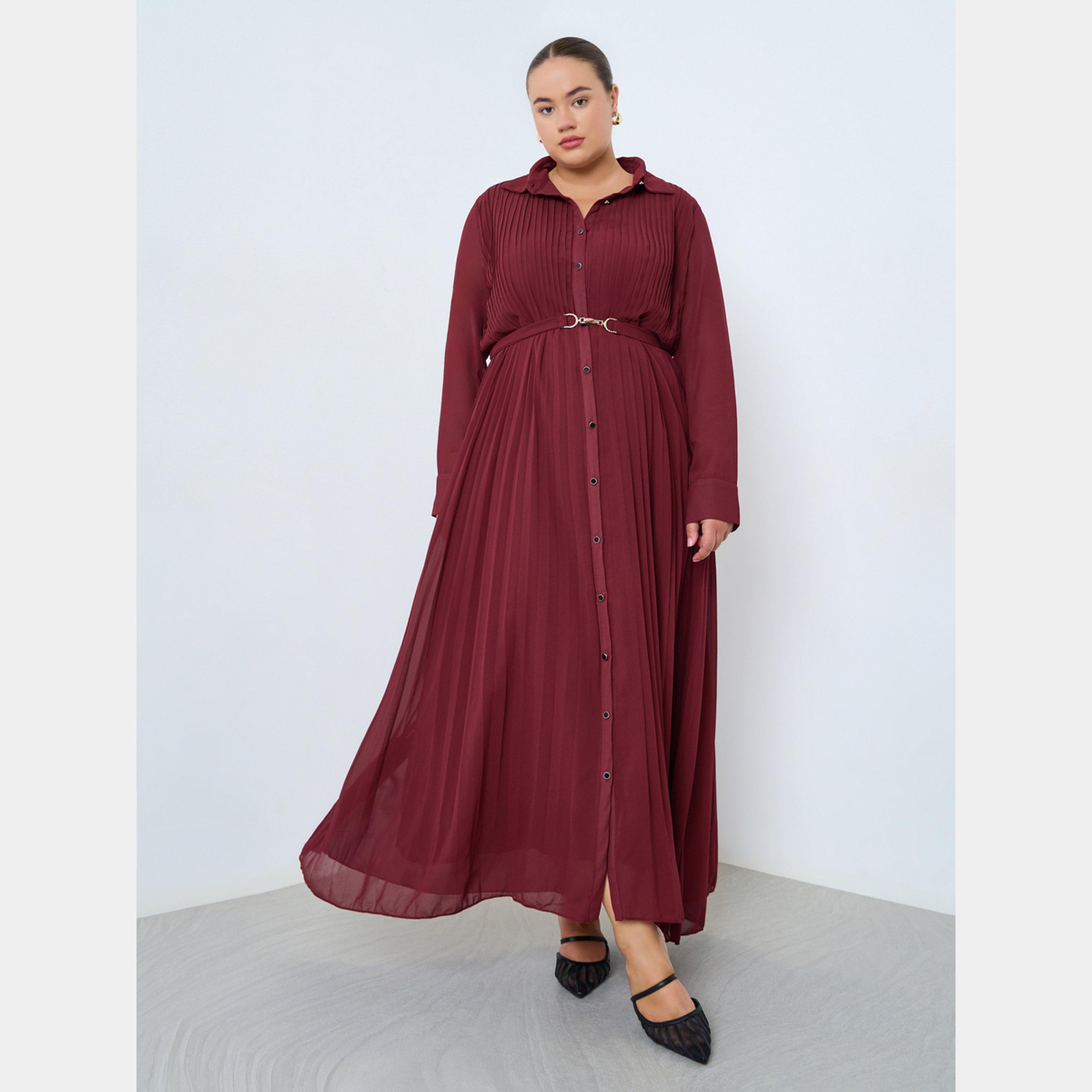 ستايلي - فستان ماكسي مطوي بأكمام طويلة وياقة وأزرار للنساء بمقاس واسع مع حزام-women-clothing-dresses-image-2
