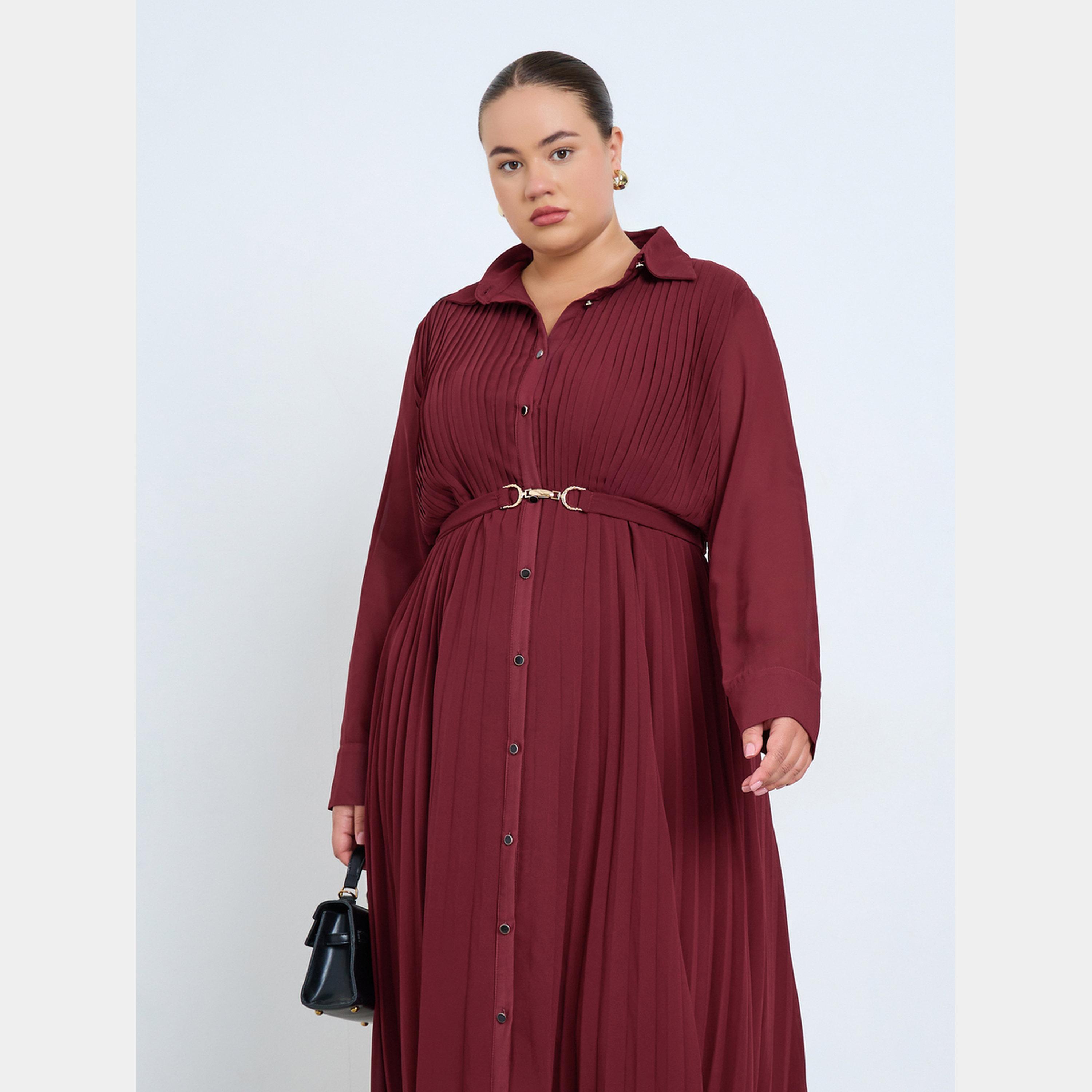 ستايلي - فستان ماكسي مطوي بأكمام طويلة وياقة وأزرار للنساء بمقاس واسع مع حزام-women-clothing-dresses-image-3