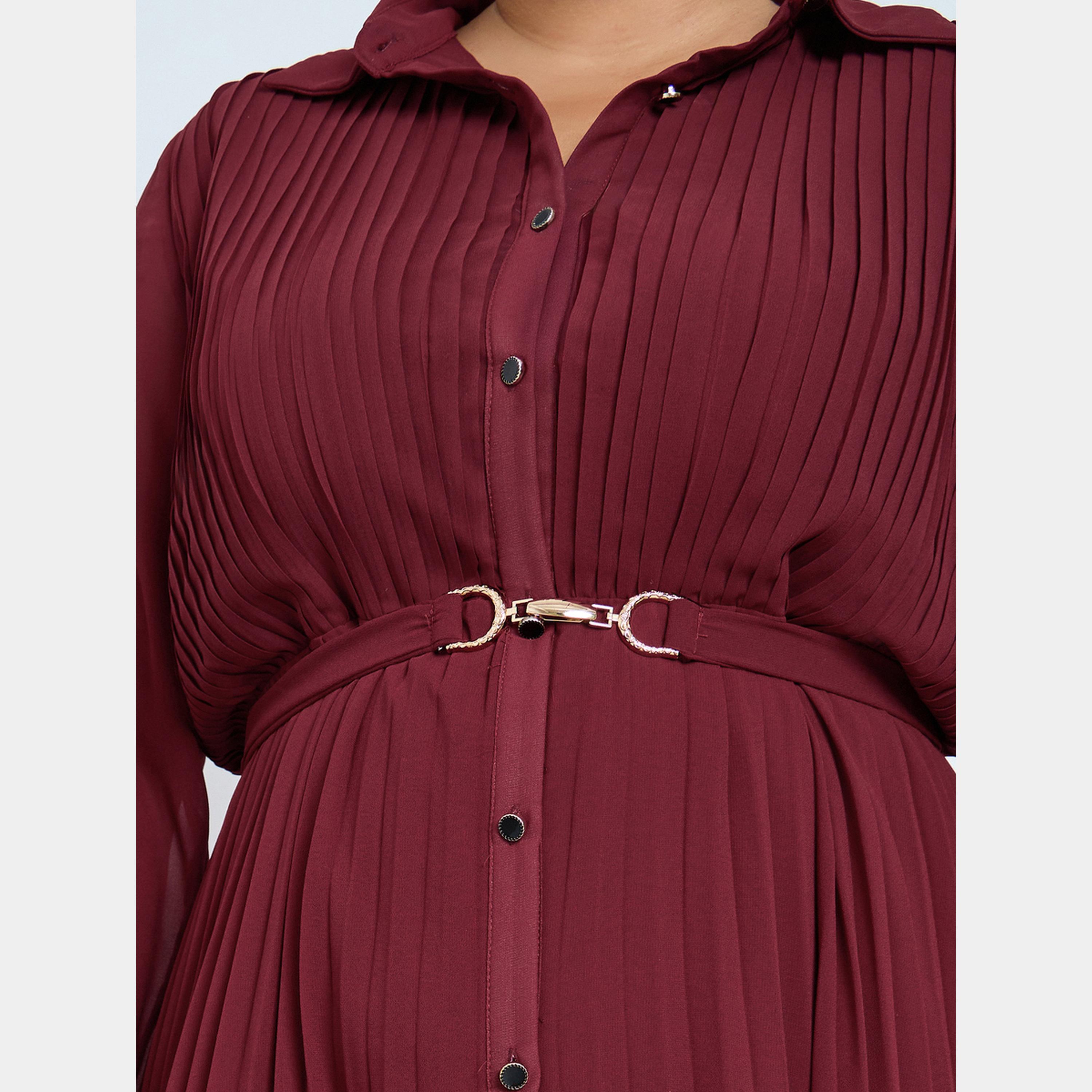 ستايلي - فستان ماكسي مطوي بأكمام طويلة وياقة وأزرار للنساء بمقاس واسع مع حزام-women-clothing-dresses-image-4