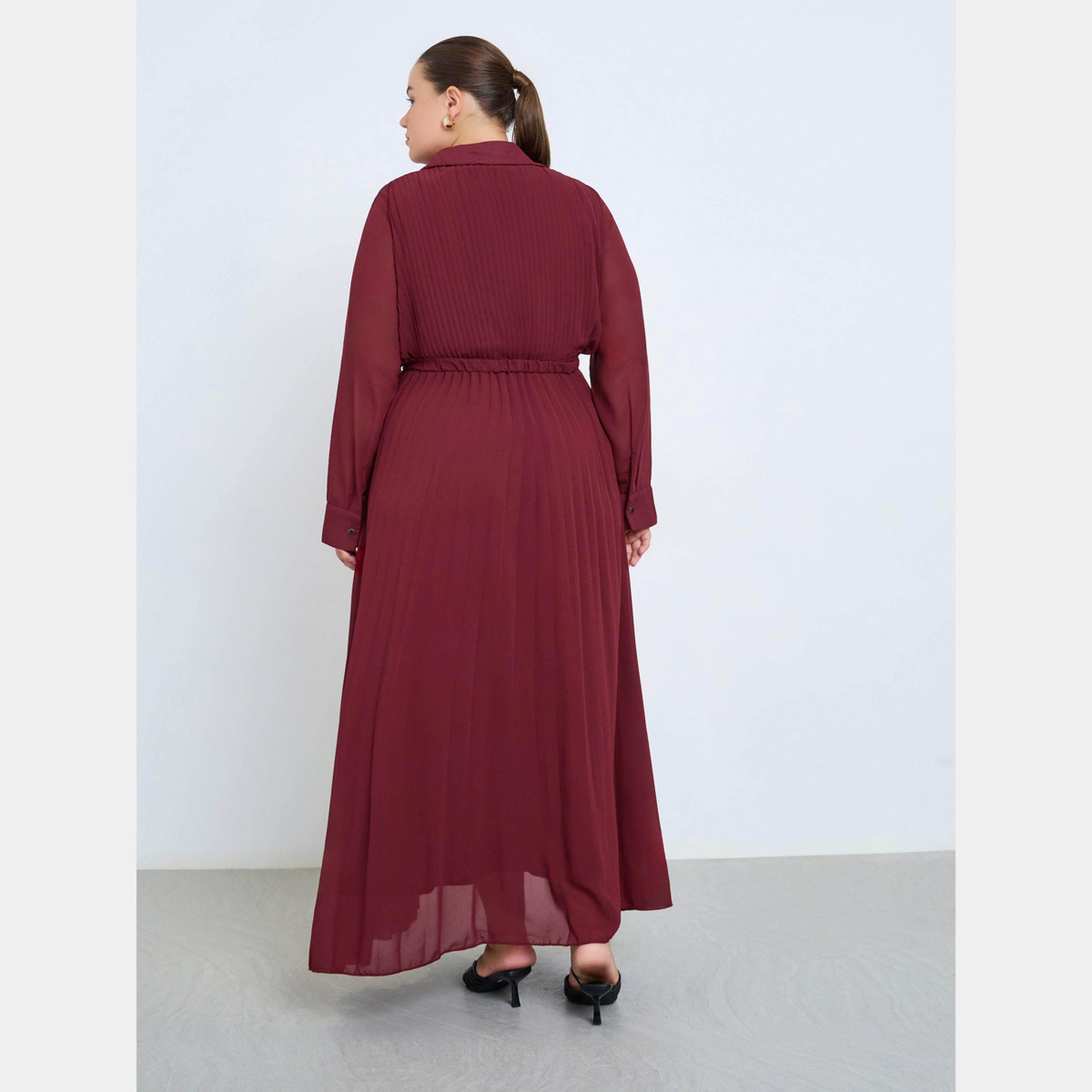 ستايلي - فستان ماكسي مطوي بأكمام طويلة وياقة وأزرار للنساء بمقاس واسع مع حزام-women-clothing-dresses-image-5