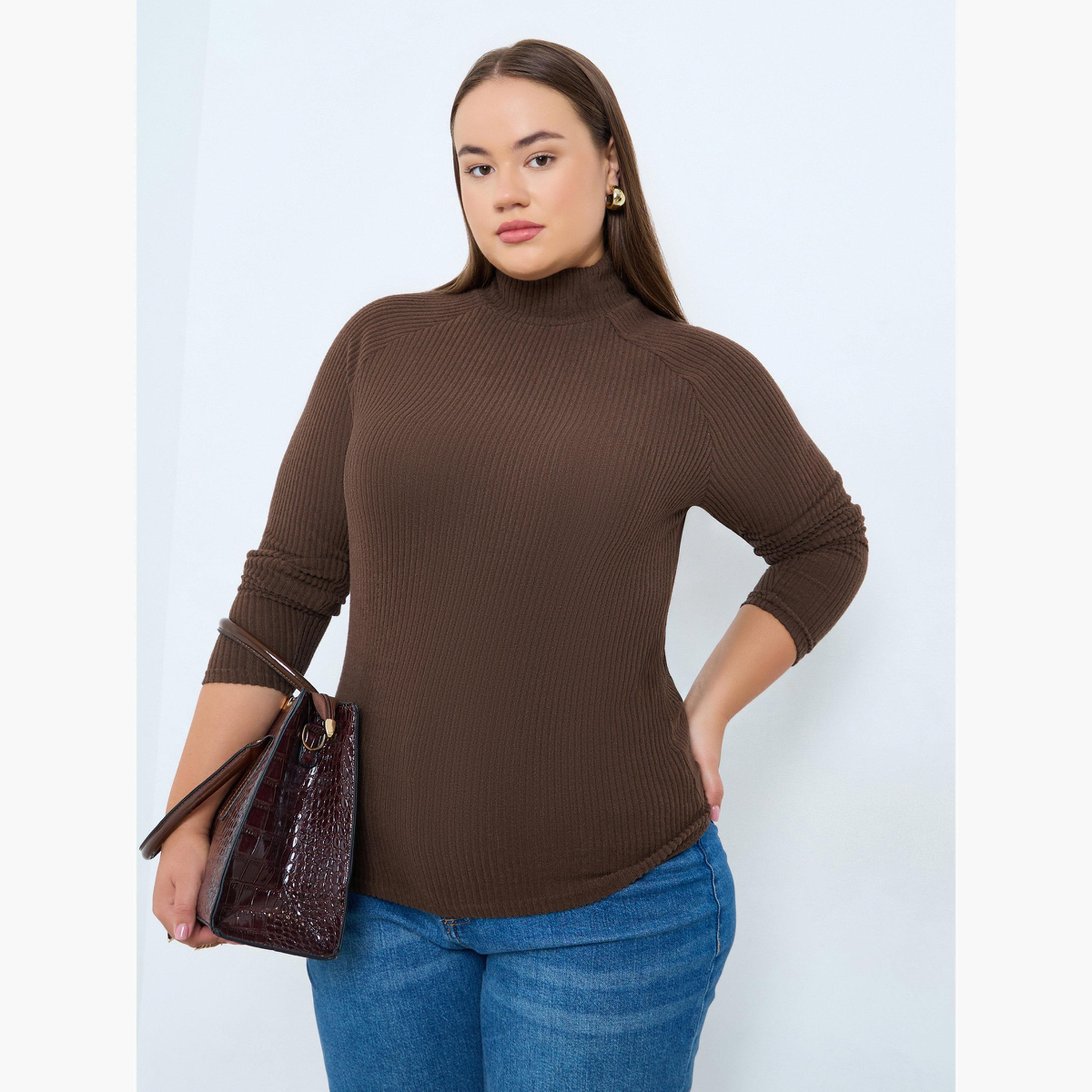 ستايلي - بلوزة محبوكة مضلعة باللون البني مقاس واسع-women-clothing-tshirts-image-1