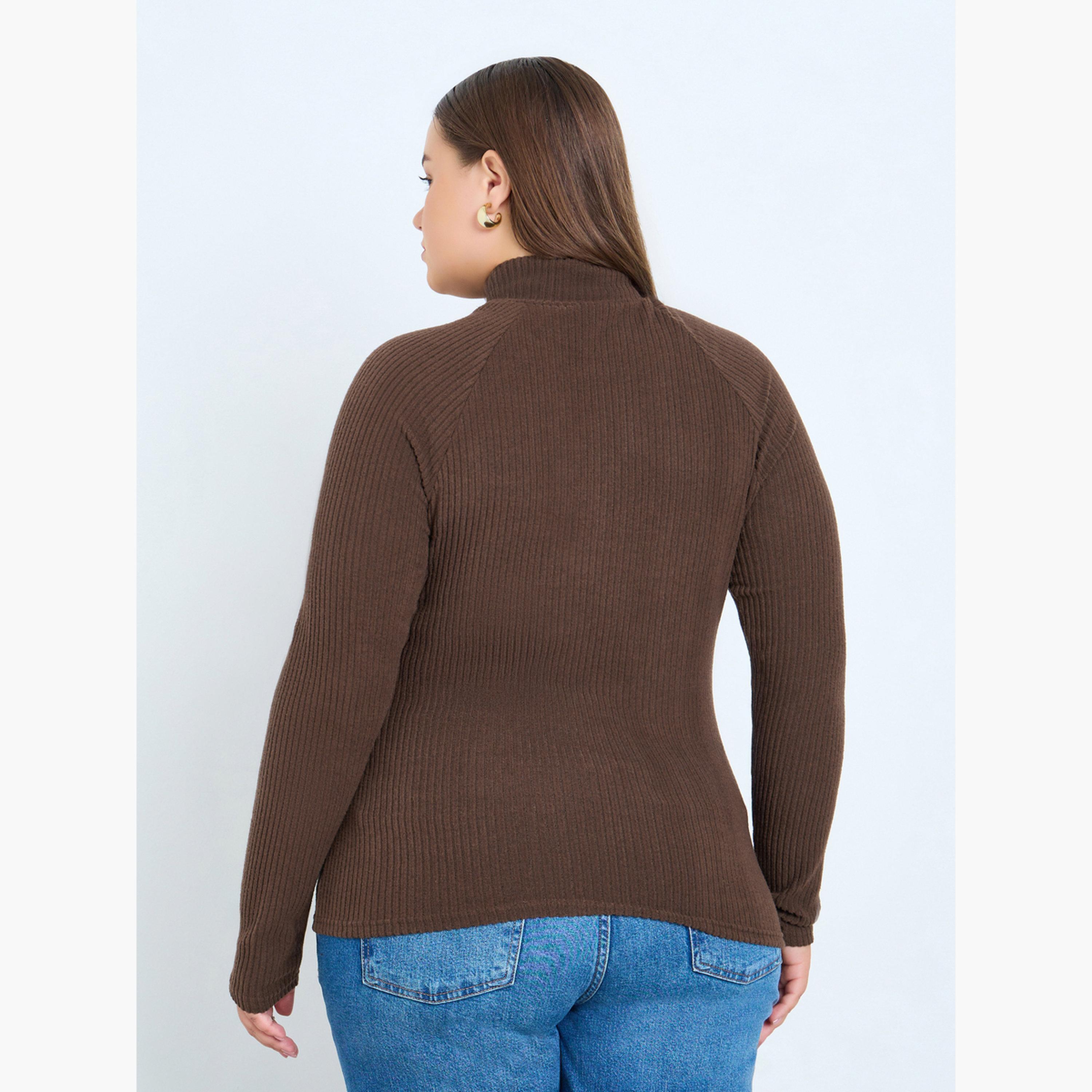 Styli Plus Size Brown Ribbed Knit Top-women-clothing-tshirts-image-4