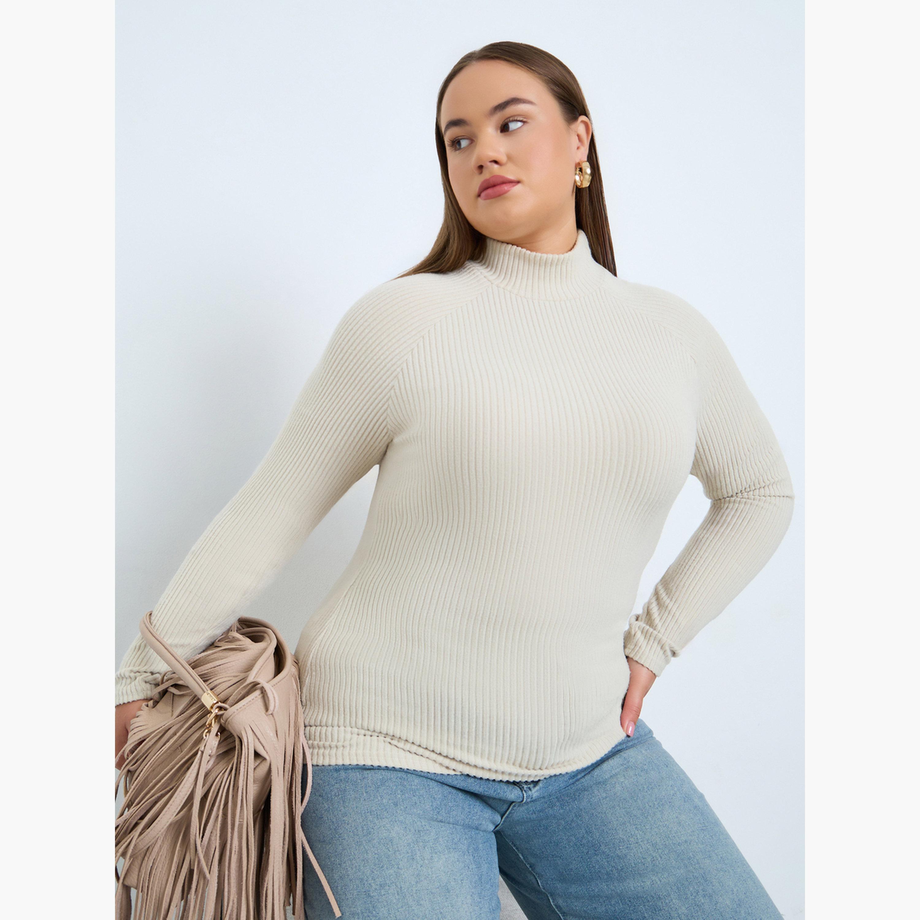 Styli Plus Size Off White Ribbed Knit Top-women-clothing-tshirts-image-1