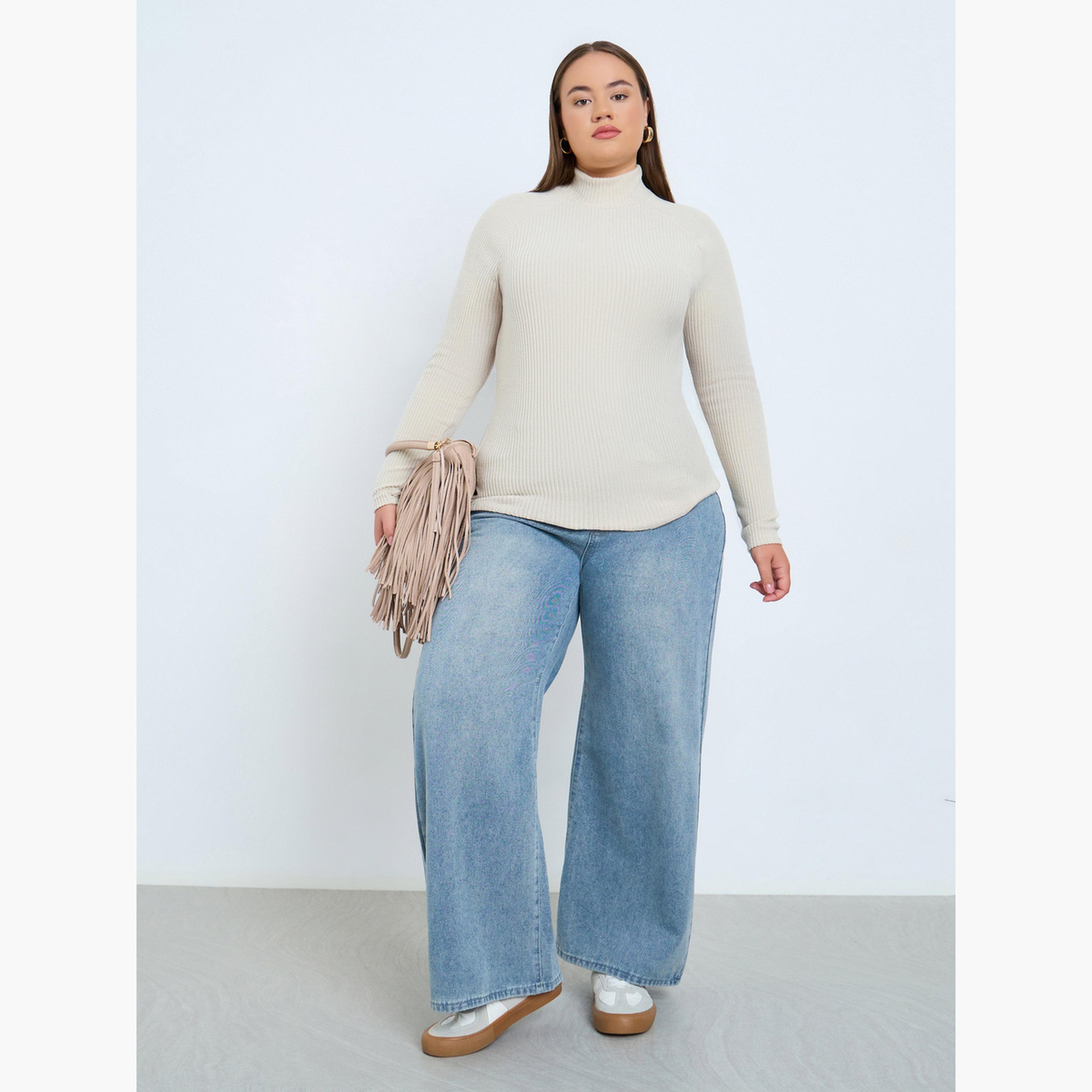 Styli Plus Size Off White Ribbed Knit Top-women-clothing-tshirts-image-2