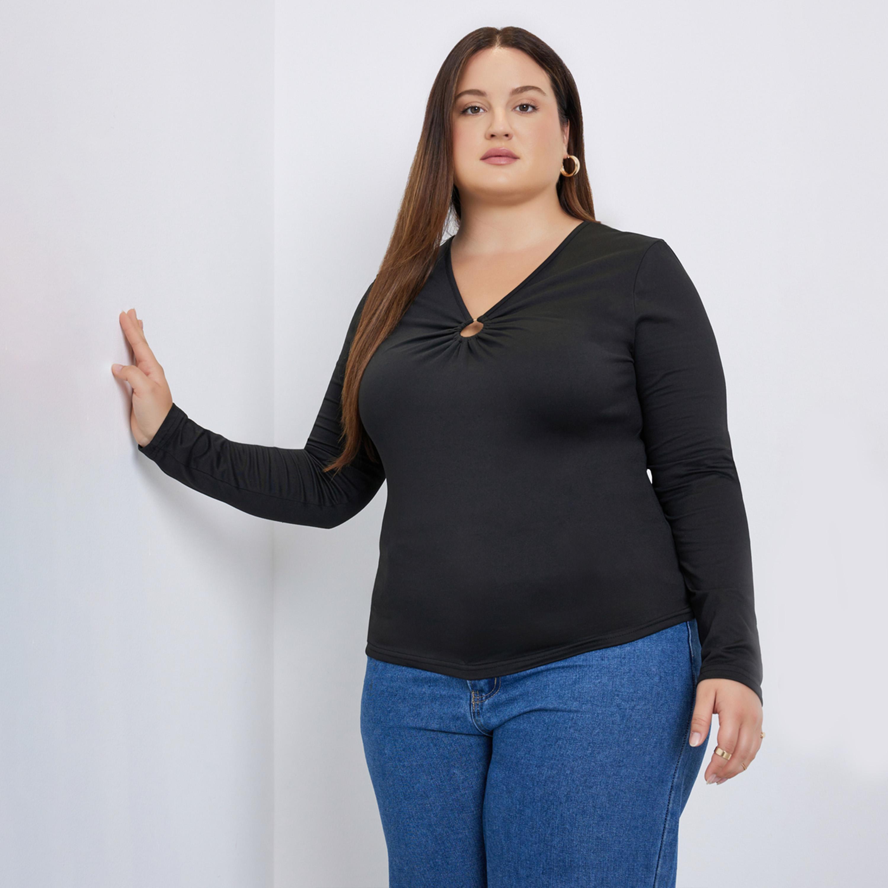 ستايلي - بلوزة محبوكة بحجم كبير مع فتحة مفتاح-women-clothing-shirtsandblouses-shirts-image-1