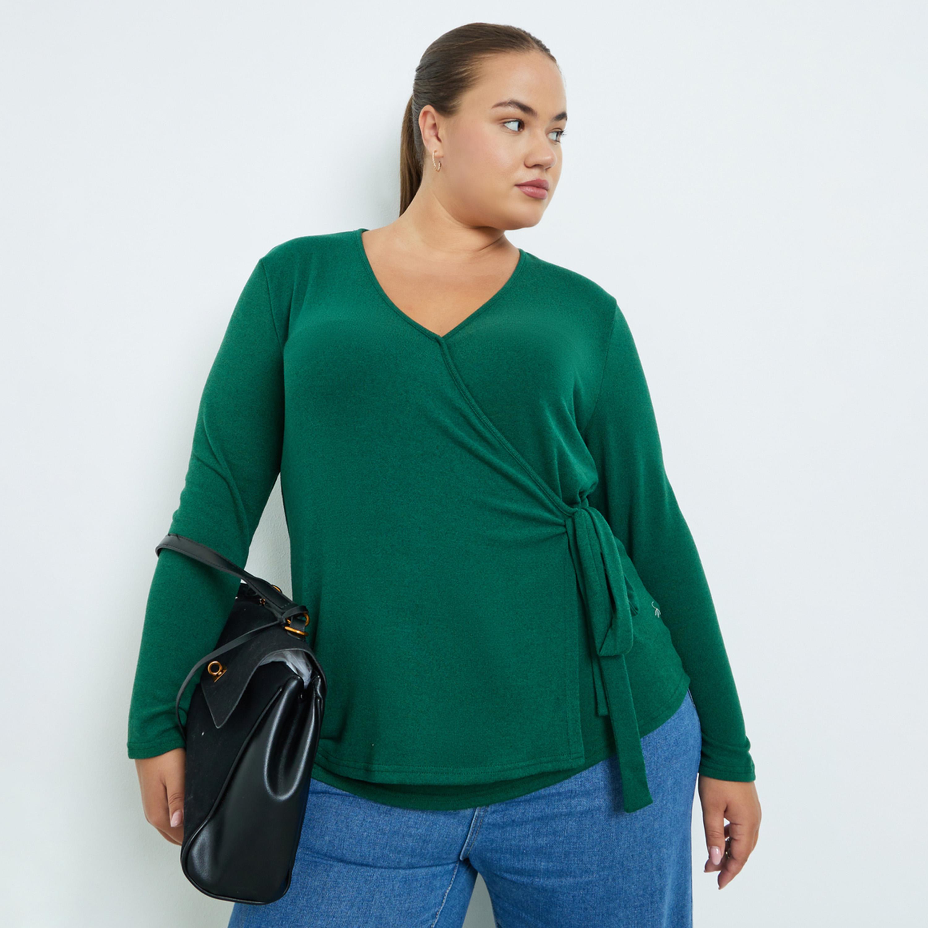 ستايلي - بلوزة ملفوفة لون أخضر زمردي مقاس كبيرة-women-clothing-shirtsandblouses-blouses-image-1