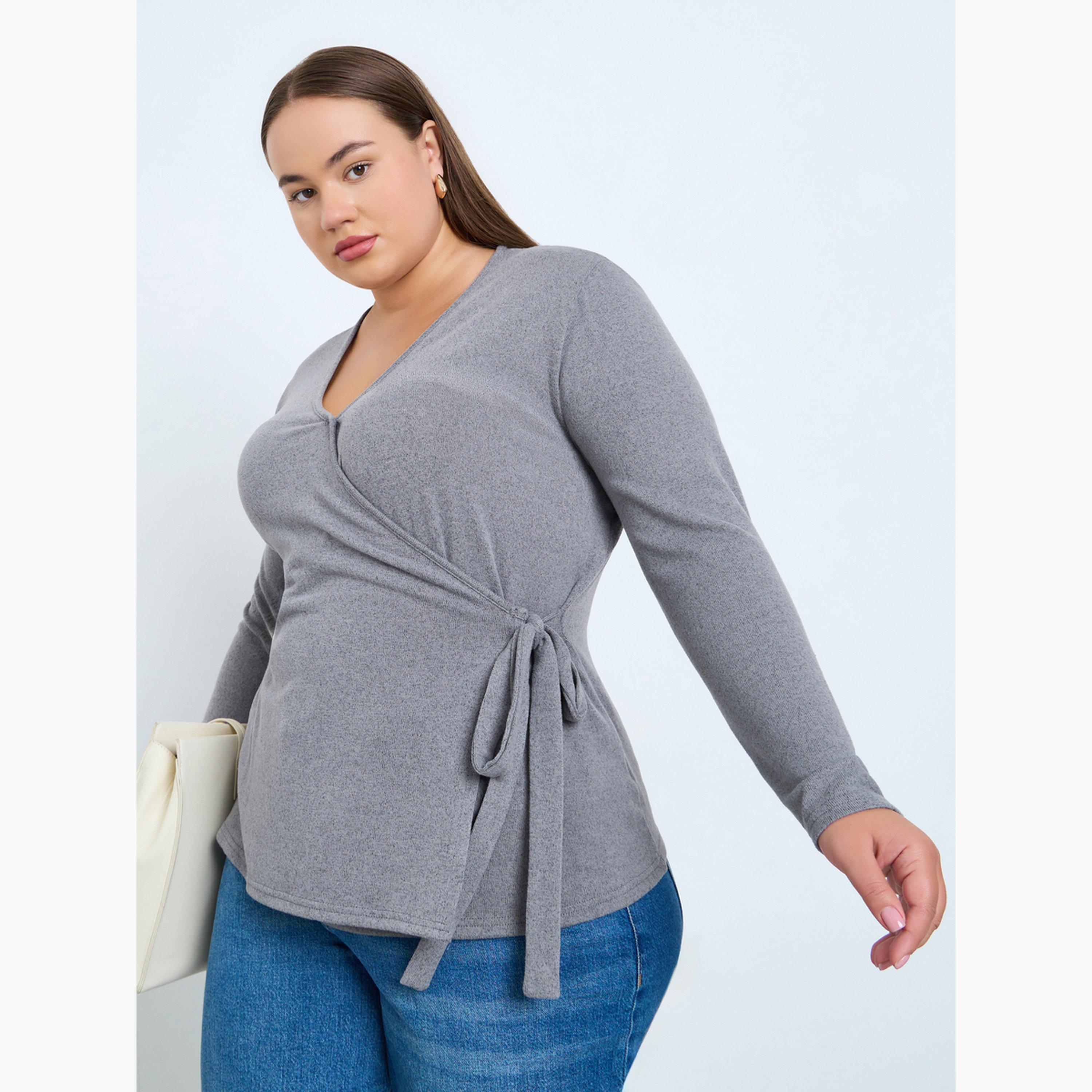 Styli Plus Size Grey Knit Wrap Top-women-clothing-shirtsandblouses-blouses-image-1