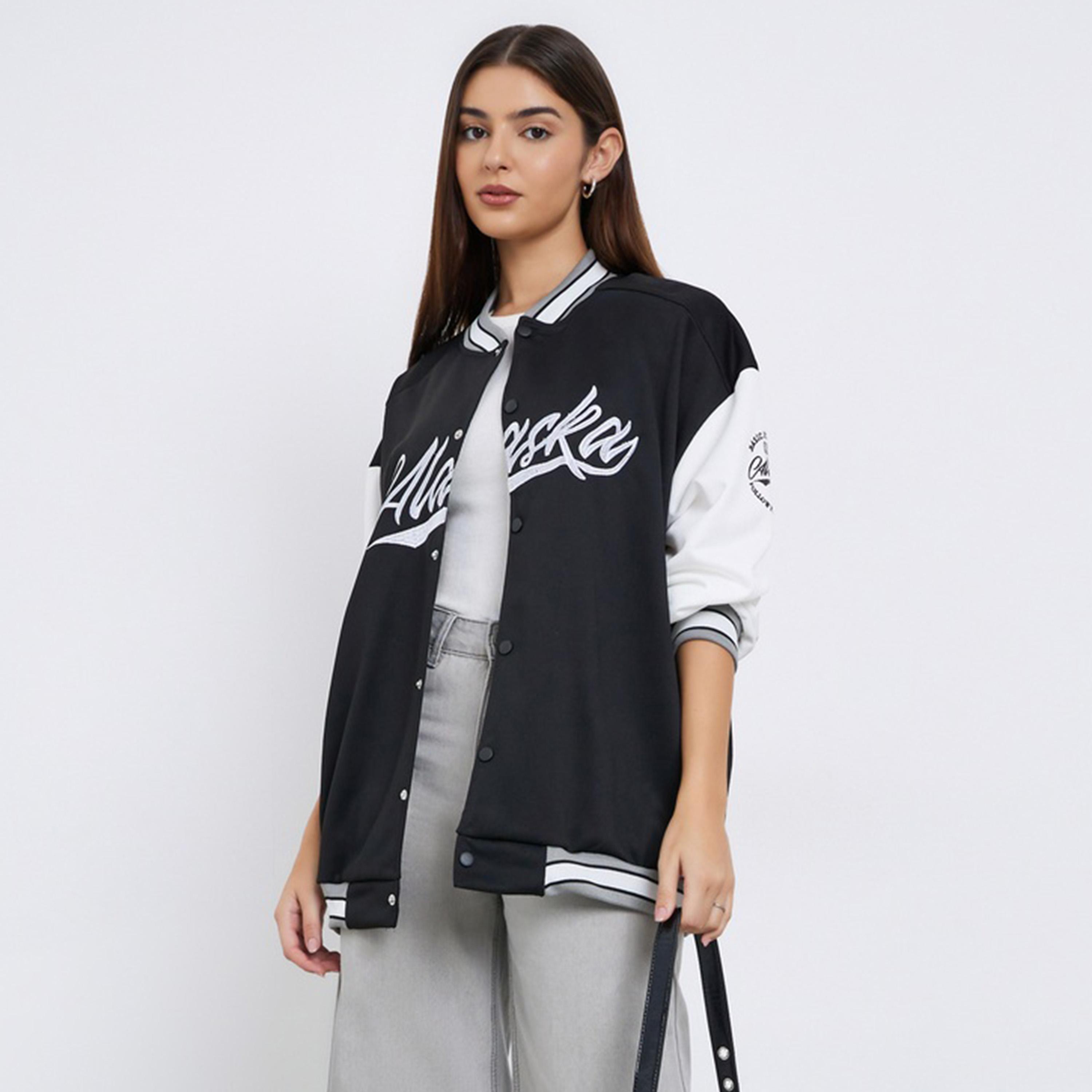 Styli Alaska Embroidered Round Neck Long Sleeves Women's Button Through Bomber Jacket-women-winterwear-coatsandjackets-jackets-image-1
