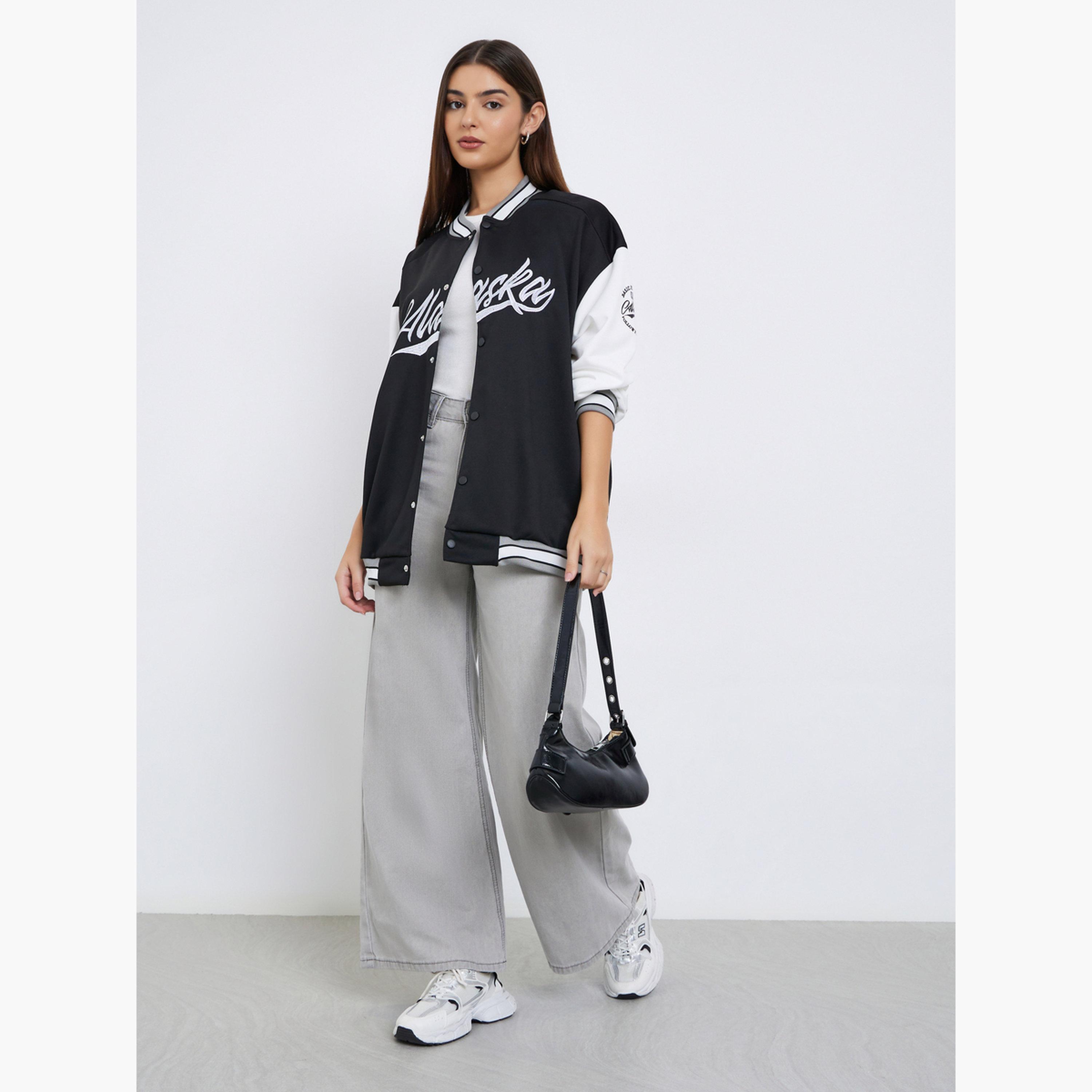 Styli Alaska Embroidered Round Neck Long Sleeves Women's Button Through Bomber Jacket-women-winterwear-coatsandjackets-jackets-image-2