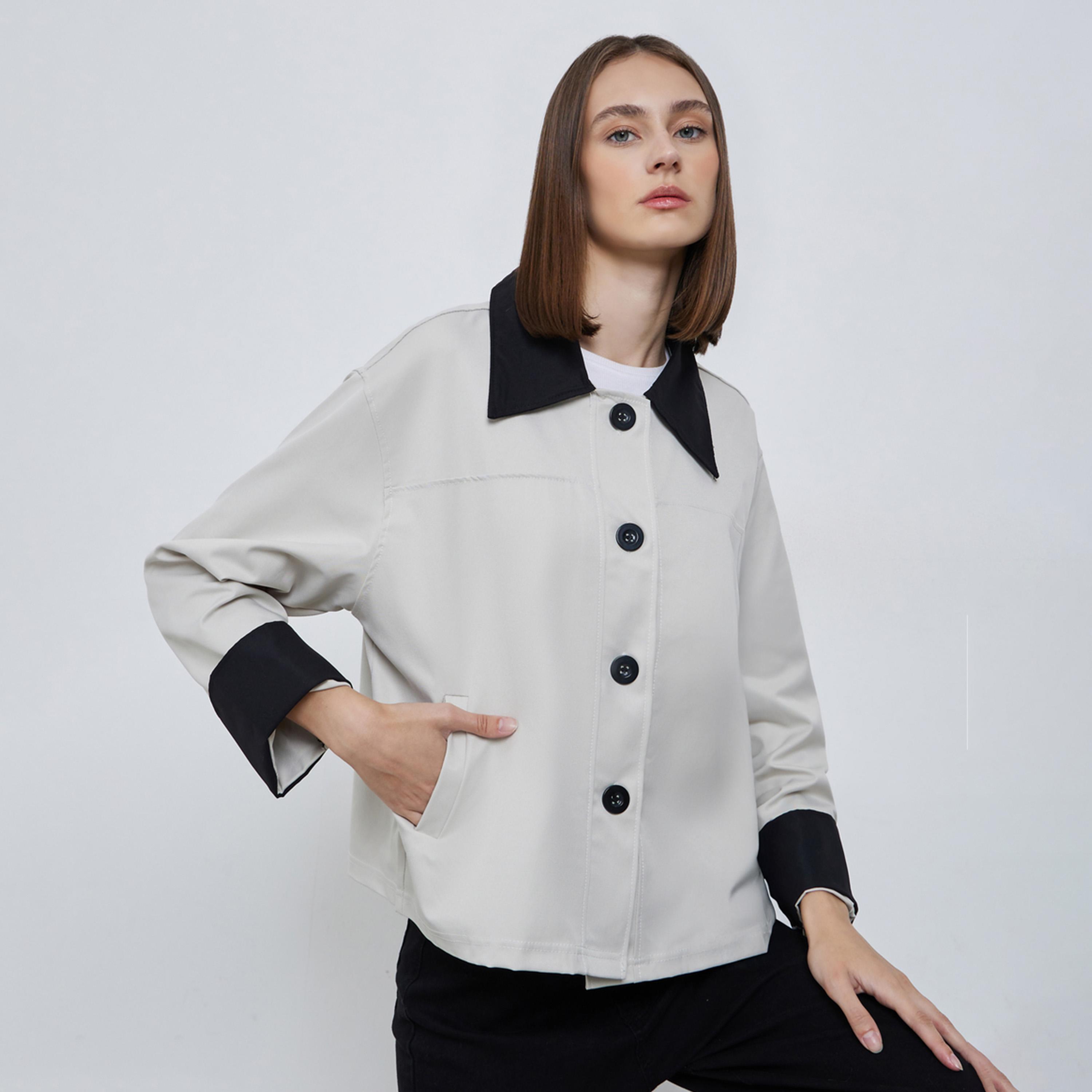 Styli Solid Collared Long Sleeves Women's Button Through Jacket-women-winterwear-coatsandjackets-jackets-image-1