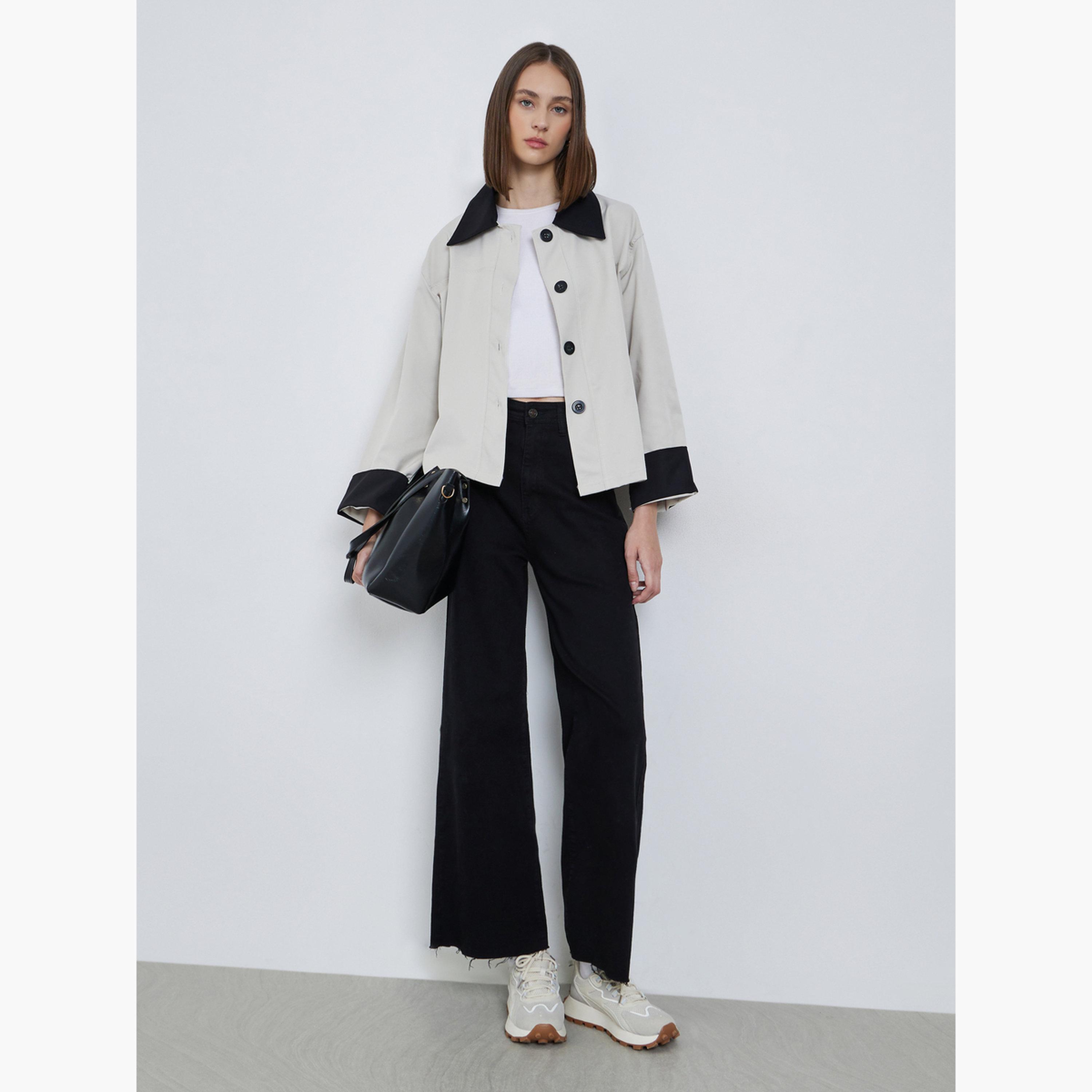 Styli Solid Collared Long Sleeves Women's Button Through Jacket-women-winterwear-coatsandjackets-jackets-image-2