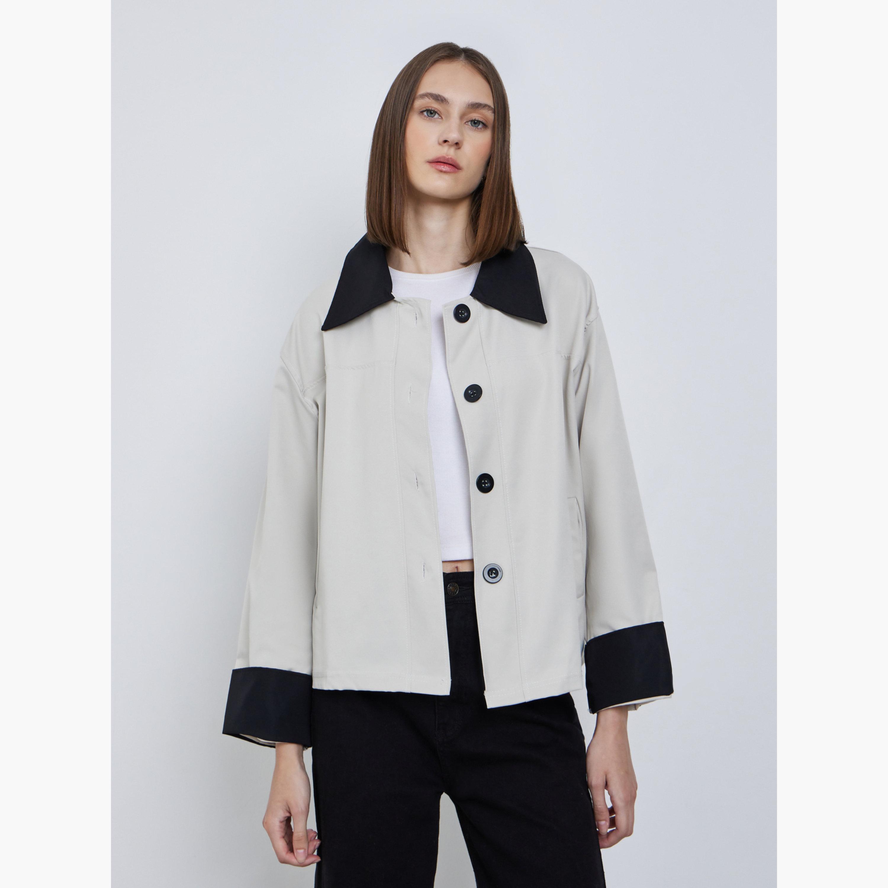 Styli Solid Collared Long Sleeves Women's Button Through Jacket-women-winterwear-coatsandjackets-jackets-image-3