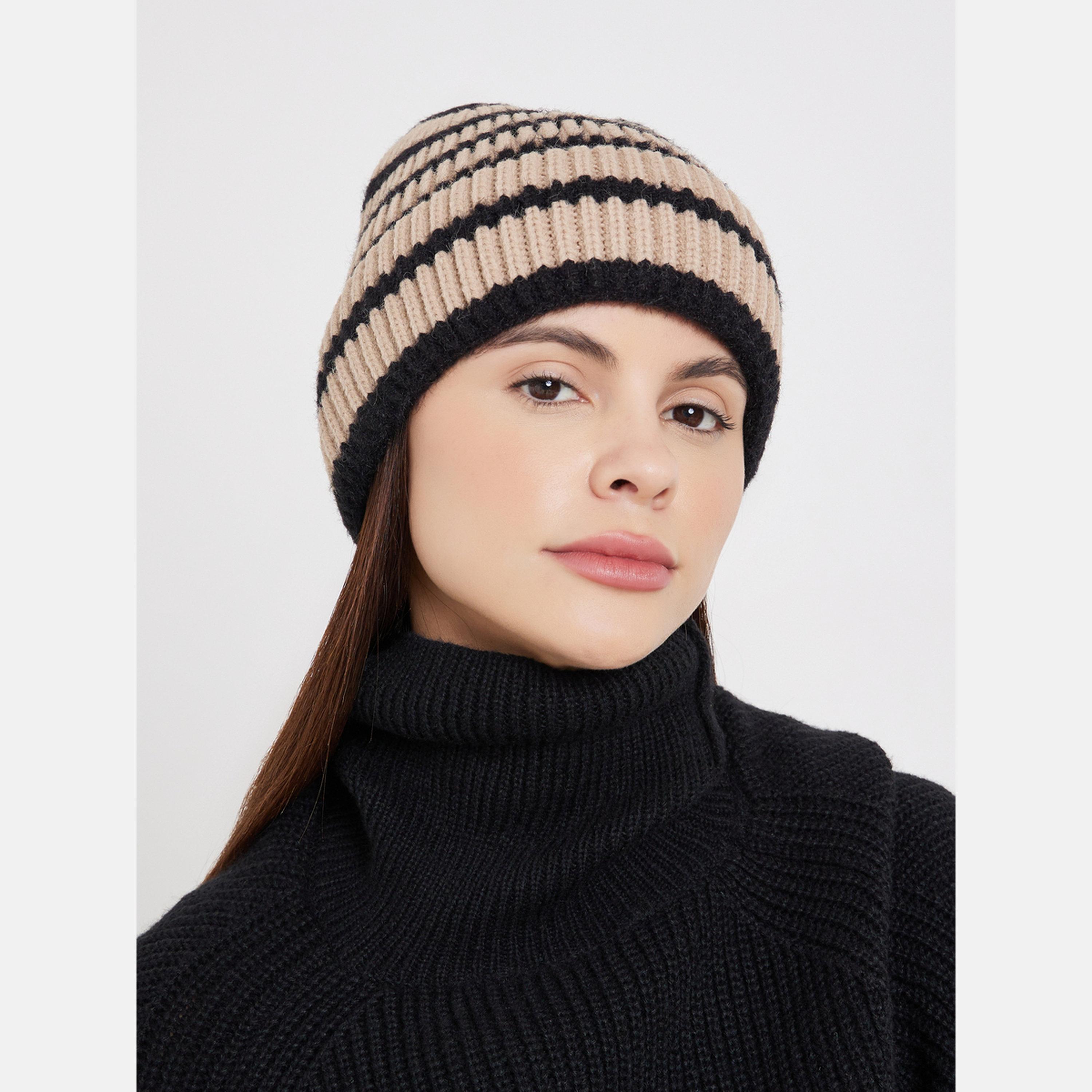 Styli Khaki Striped Beanie-women-clothingaccessories-capsandhats-image-2