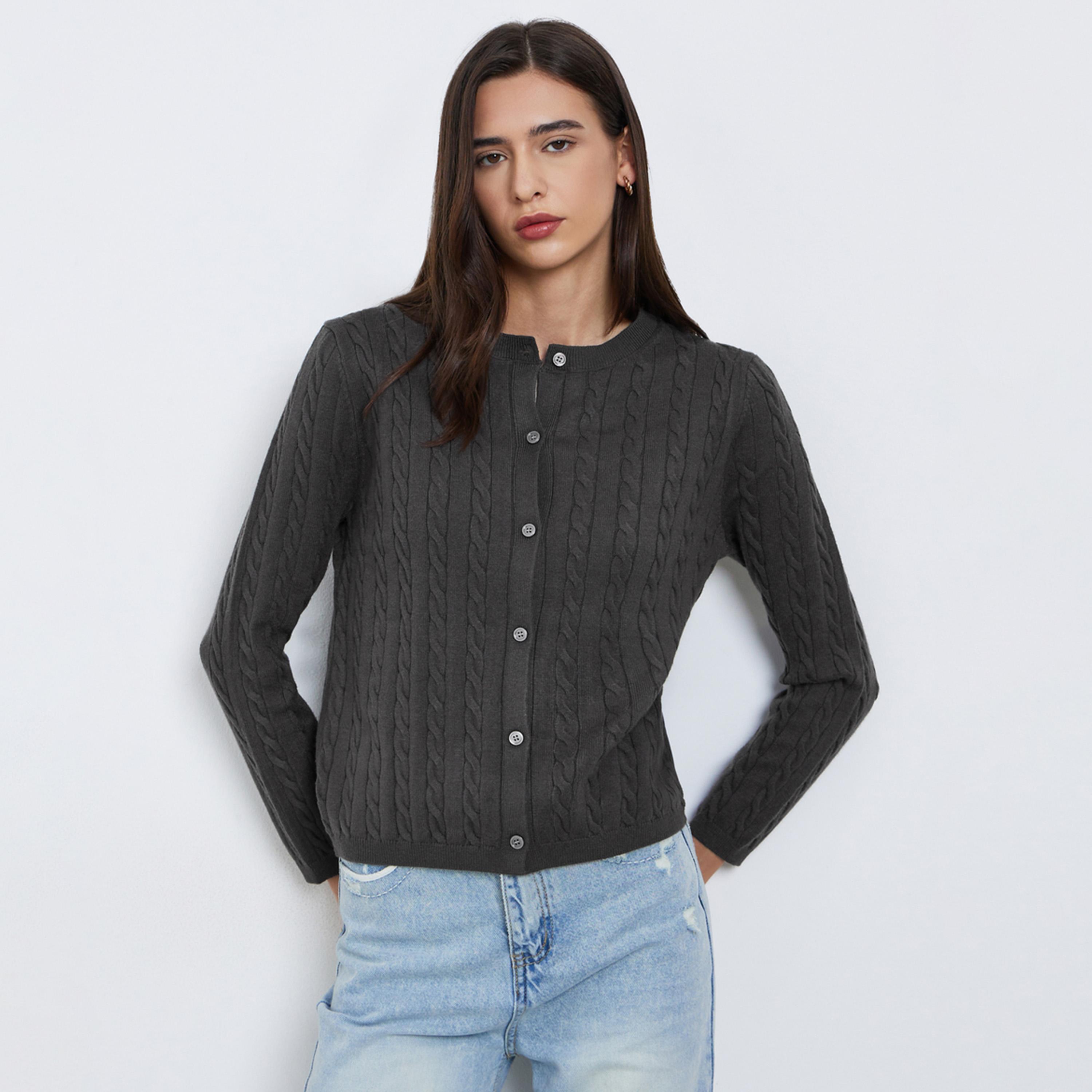 Styli Grey Regular Fit Cable Knit Cardigan-women-winterwear-cardigansandjumpers-jumpers-image-1