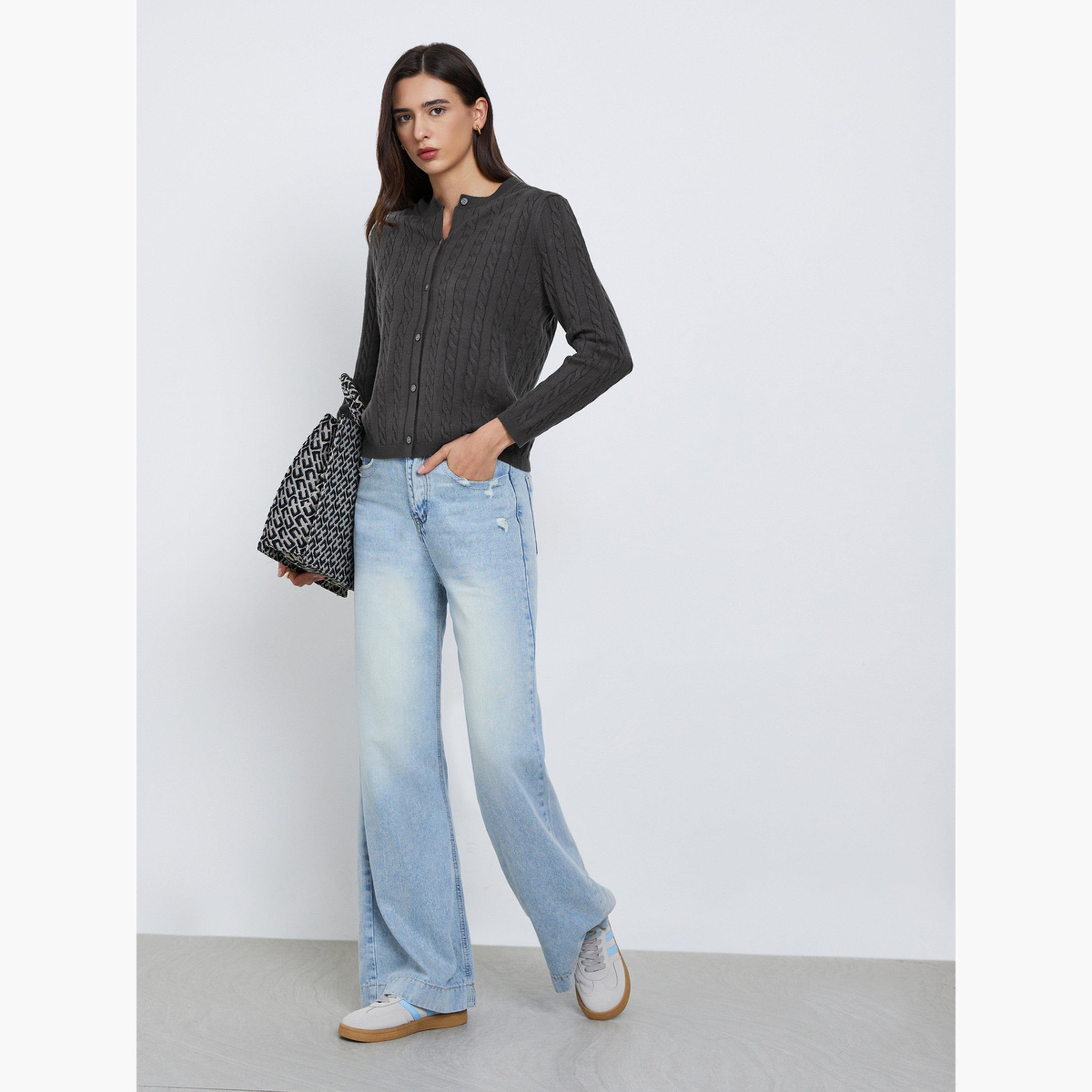 Styli Grey Regular Fit Cable Knit Cardigan-women-winterwear-cardigansandjumpers-jumpers-image-2