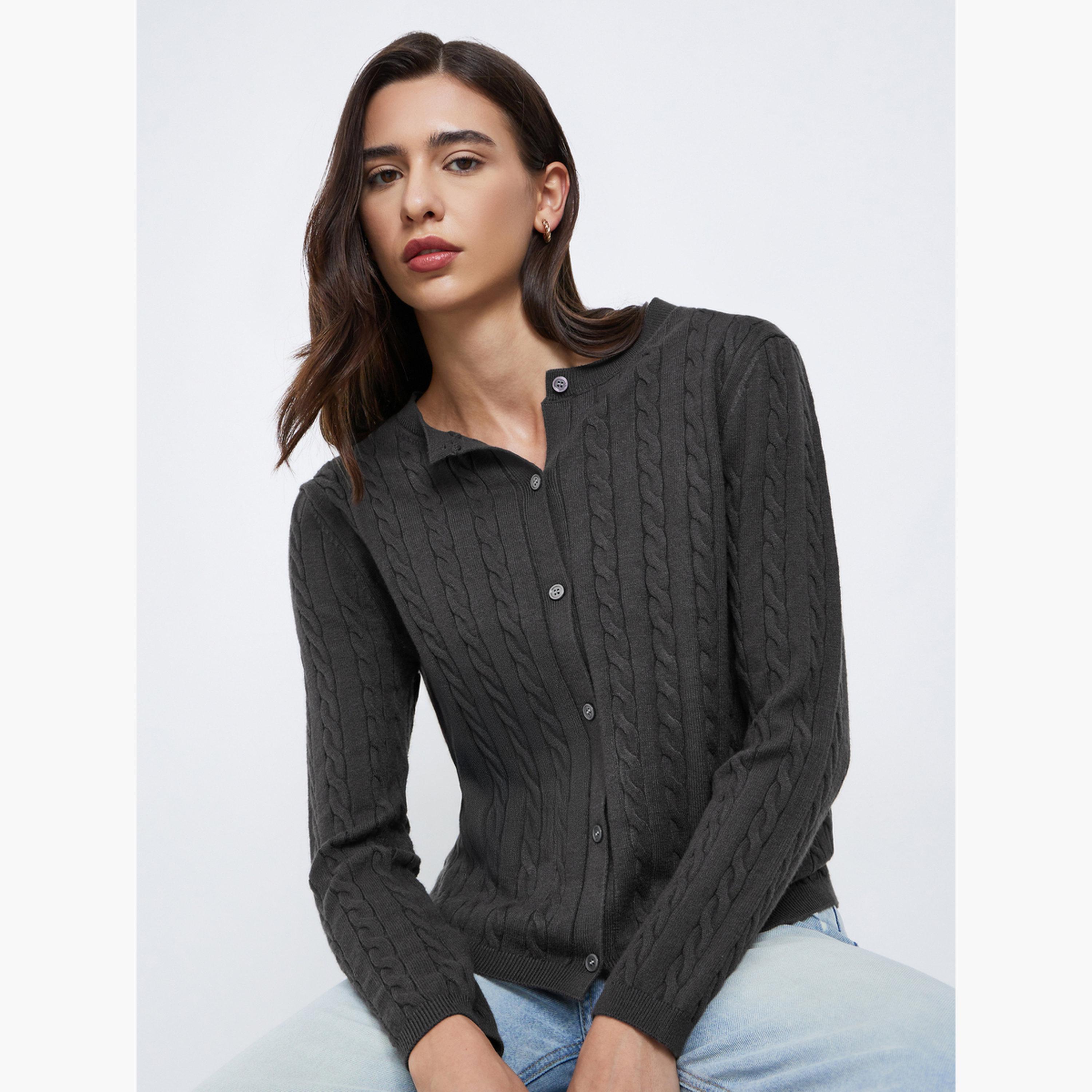 Styli Grey Regular Fit Cable Knit Cardigan-women-winterwear-cardigansandjumpers-jumpers-image-3