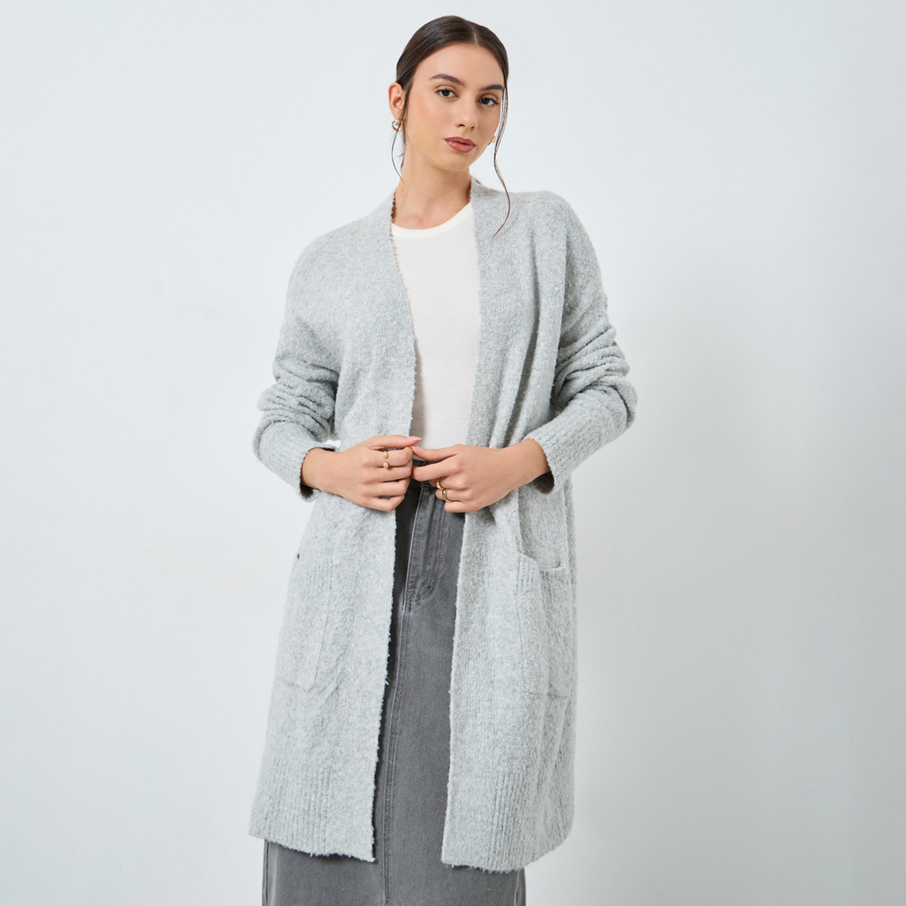 Styli Grey Longline Cardigan with Patch Pocket-women-winterwear-cardigansandjumpers-jumpers-image-1
