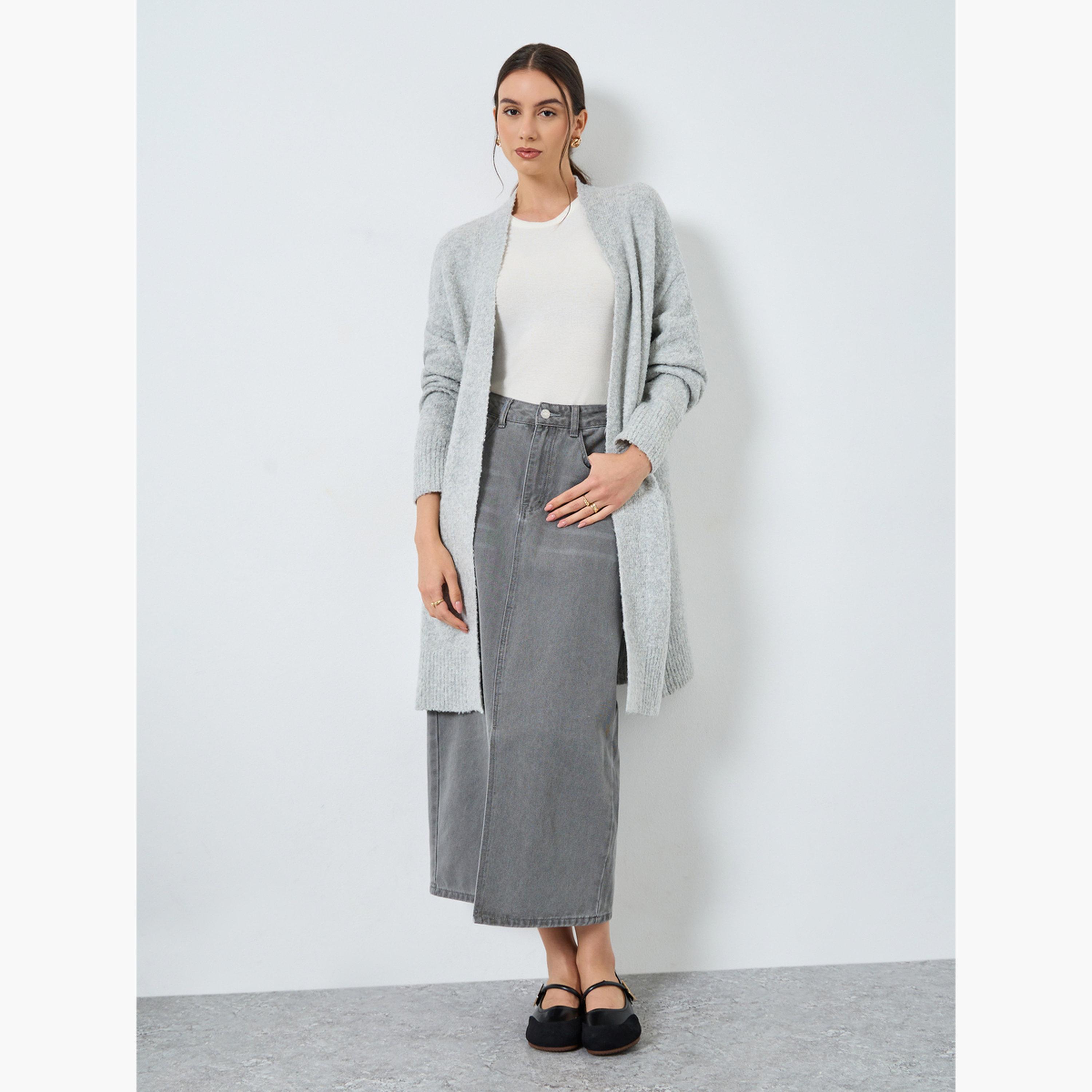 Styli Grey Longline Cardigan with Patch Pocket-women-winterwear-cardigansandjumpers-jumpers-image-2