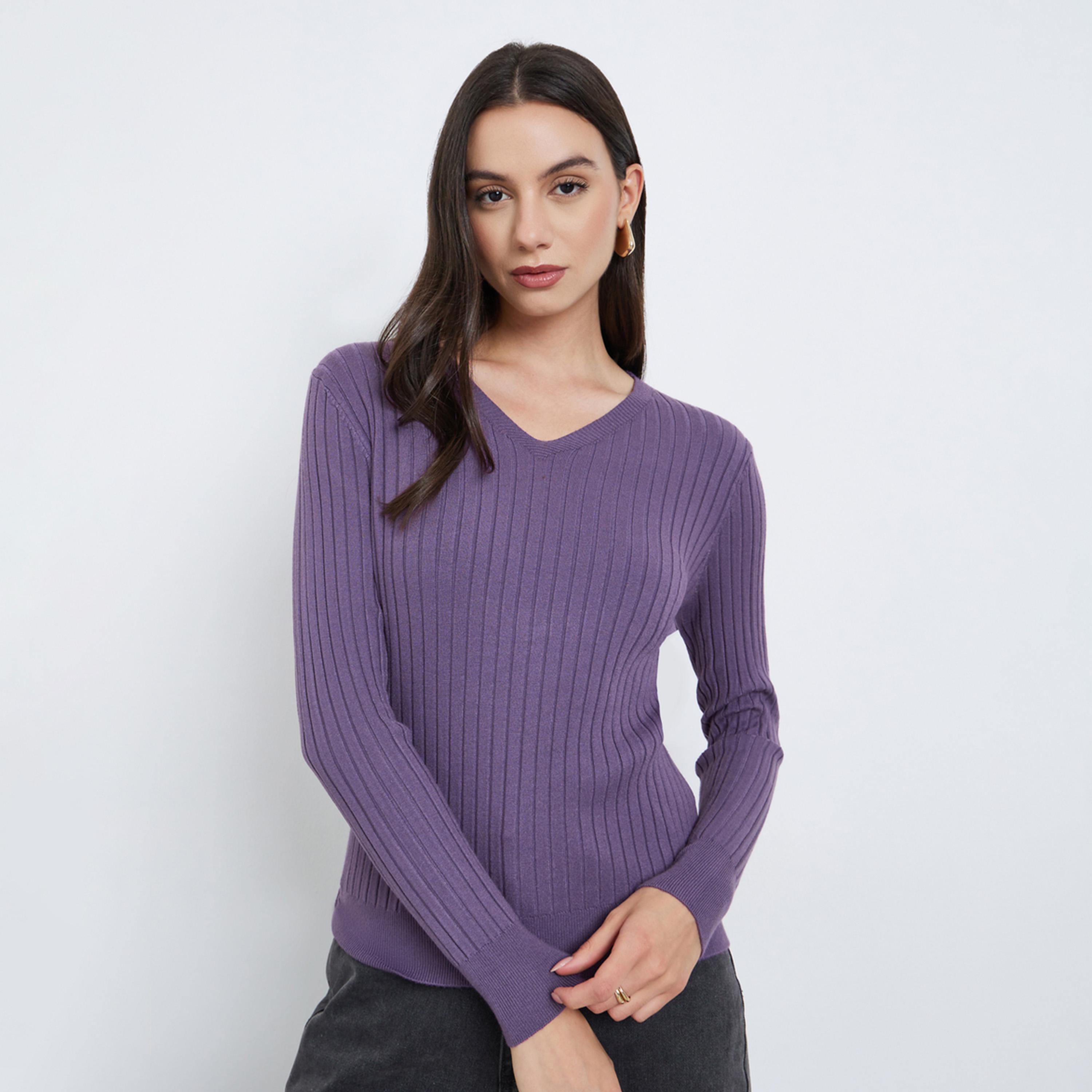 Styli Women Purple Regular Fit Wide Ribbed Sweater-women-clothing-cardigansandjumpers-jumpers-image-1