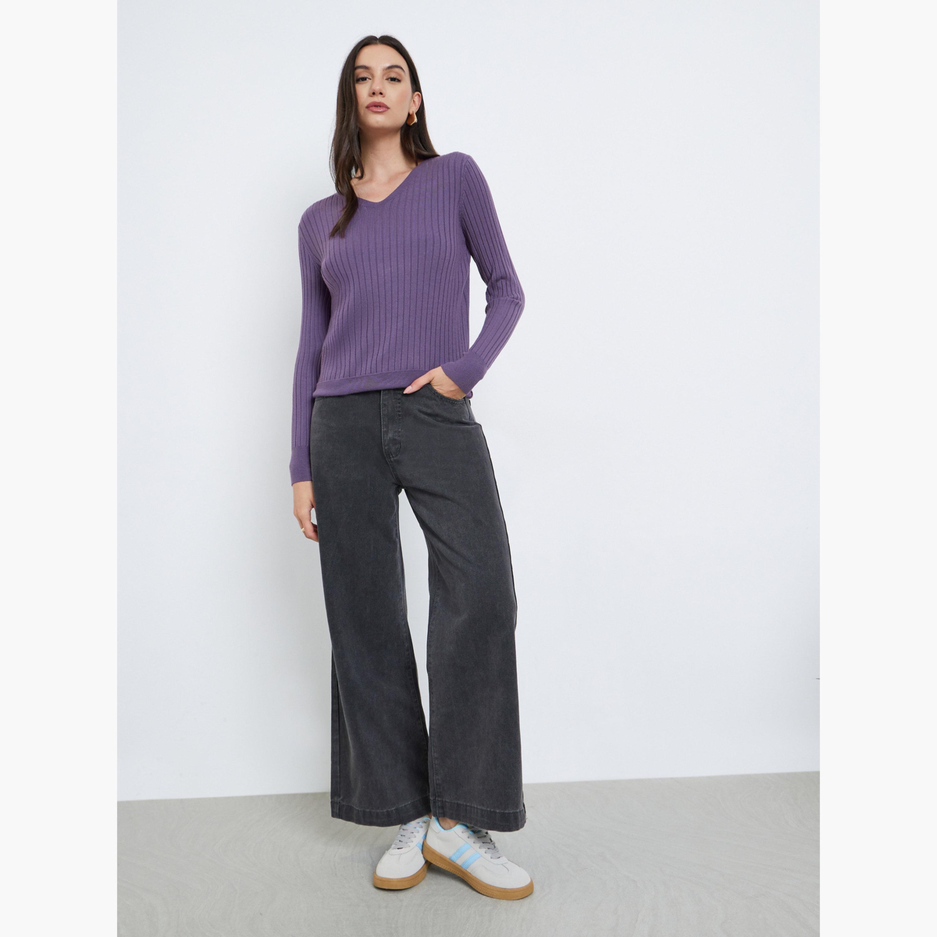 Styli Women Purple Regular Fit Wide Ribbed Sweater-women-clothing-cardigansandjumpers-jumpers-image-2