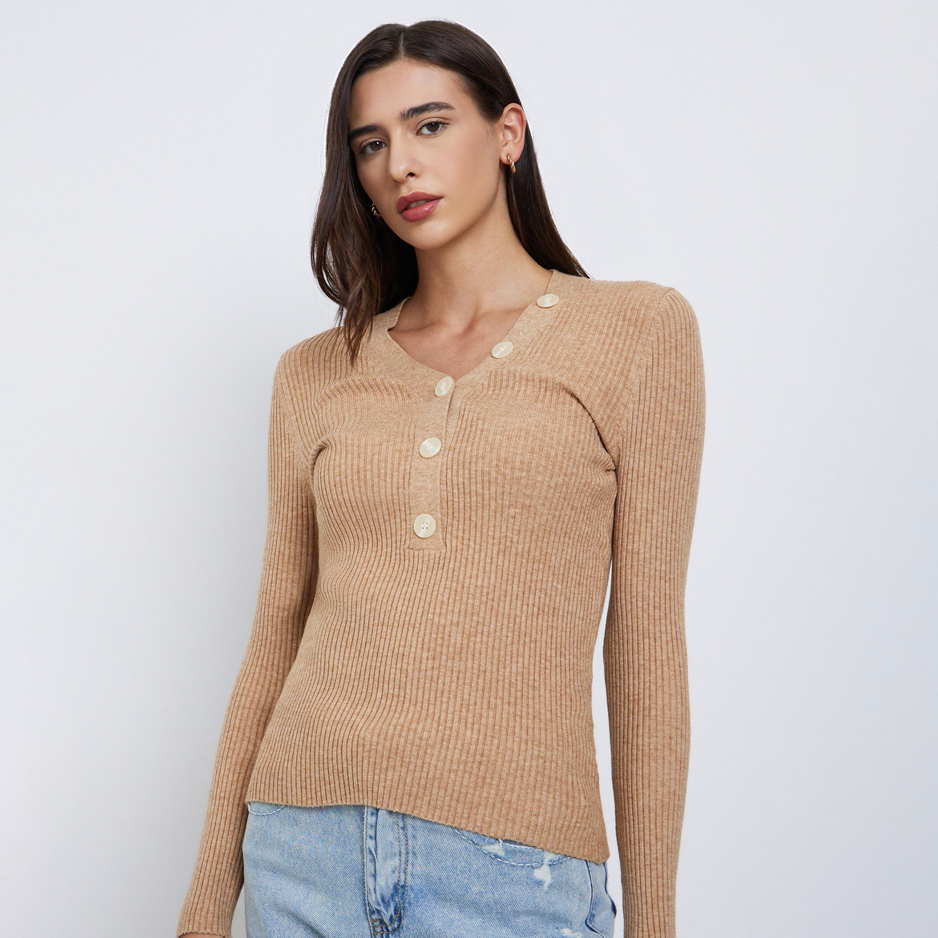 Styli Solid V Neck Button Front Asymmetric Fitted Sweater-women-winterwear-cardigansandjumpers-jumpers-image-1