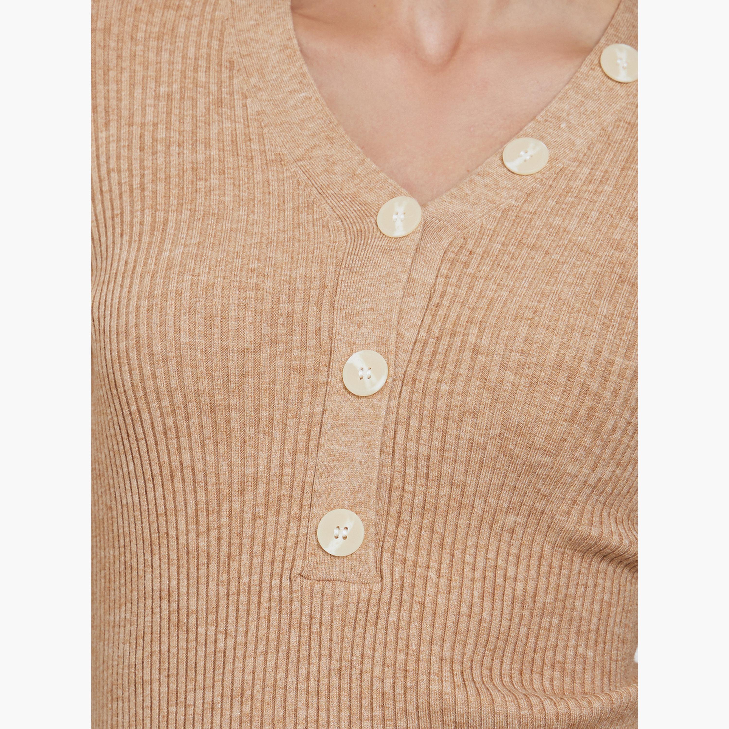 Styli Solid V Neck Button Front Asymmetric Fitted Sweater-women-winterwear-cardigansandjumpers-jumpers-image-4
