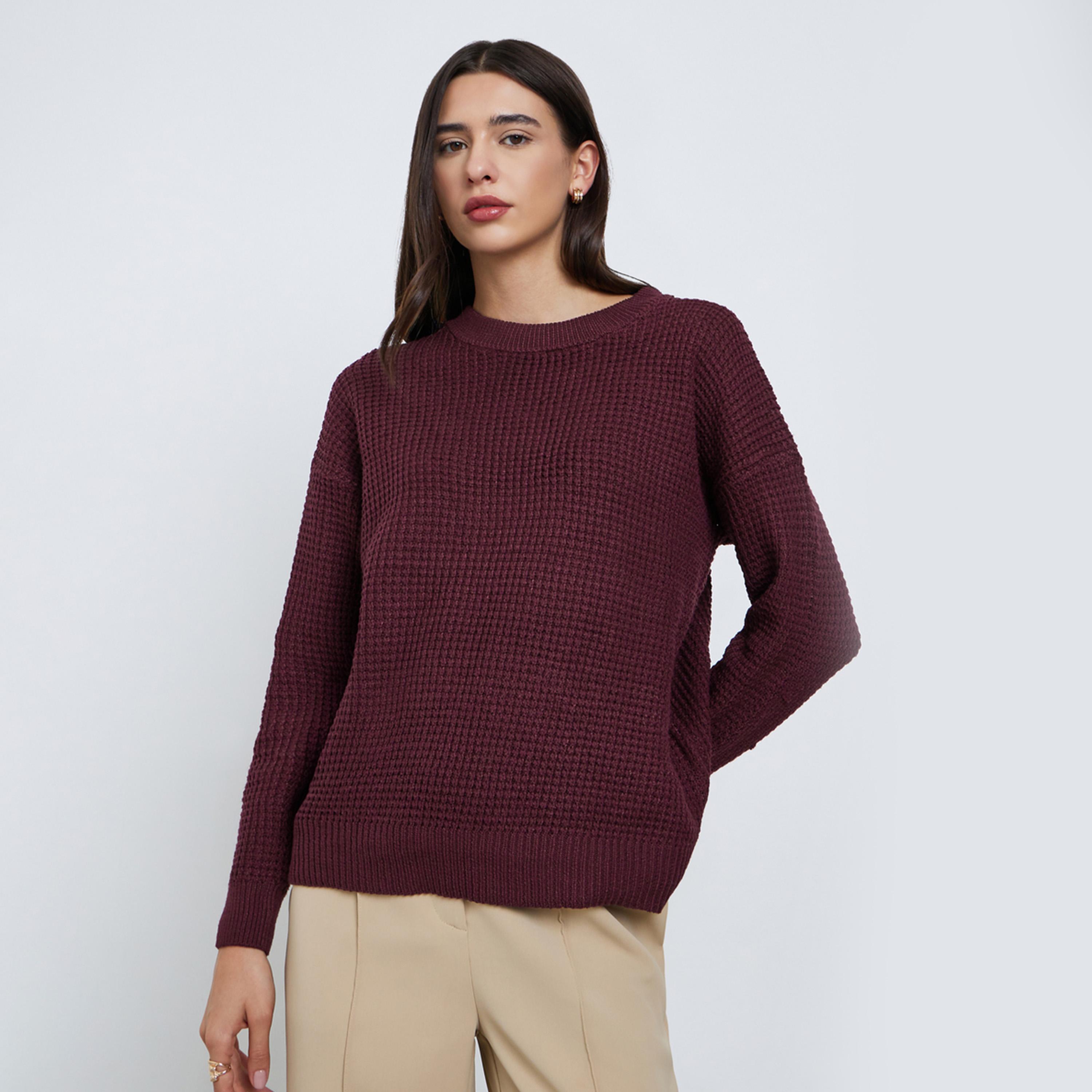 Styli Burgundy Textured Knit Sweater-women-winterwear-cardigansandjumpers-jumpers-image-1
