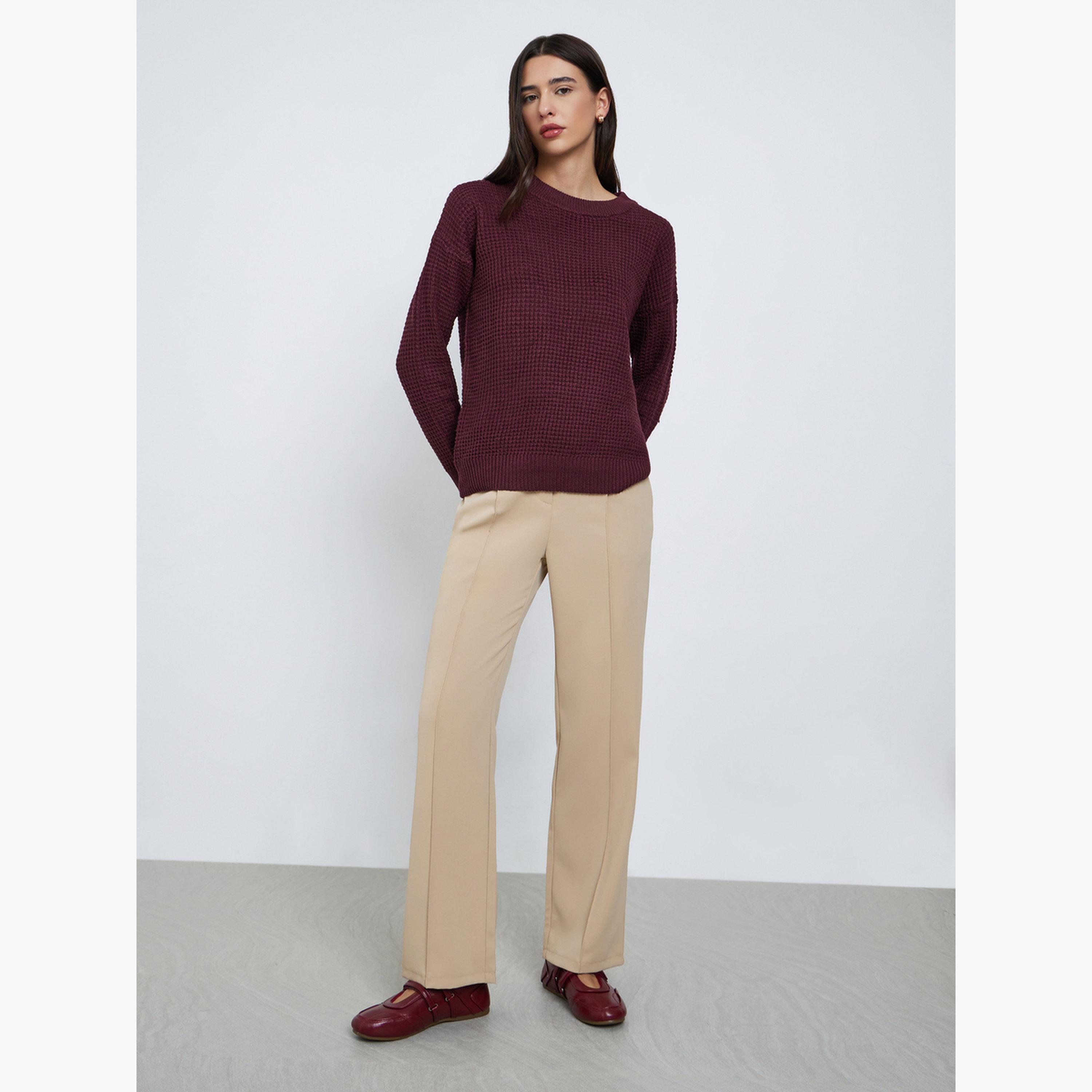 Styli Burgundy Textured Knit Sweater-women-winterwear-cardigansandjumpers-jumpers-image-2