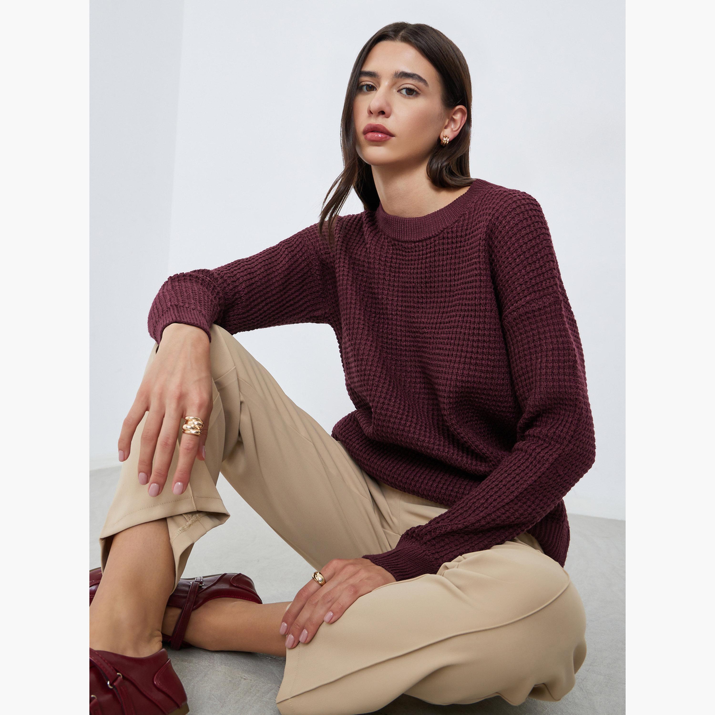 Styli Burgundy Textured Knit Sweater-women-winterwear-cardigansandjumpers-jumpers-image-3