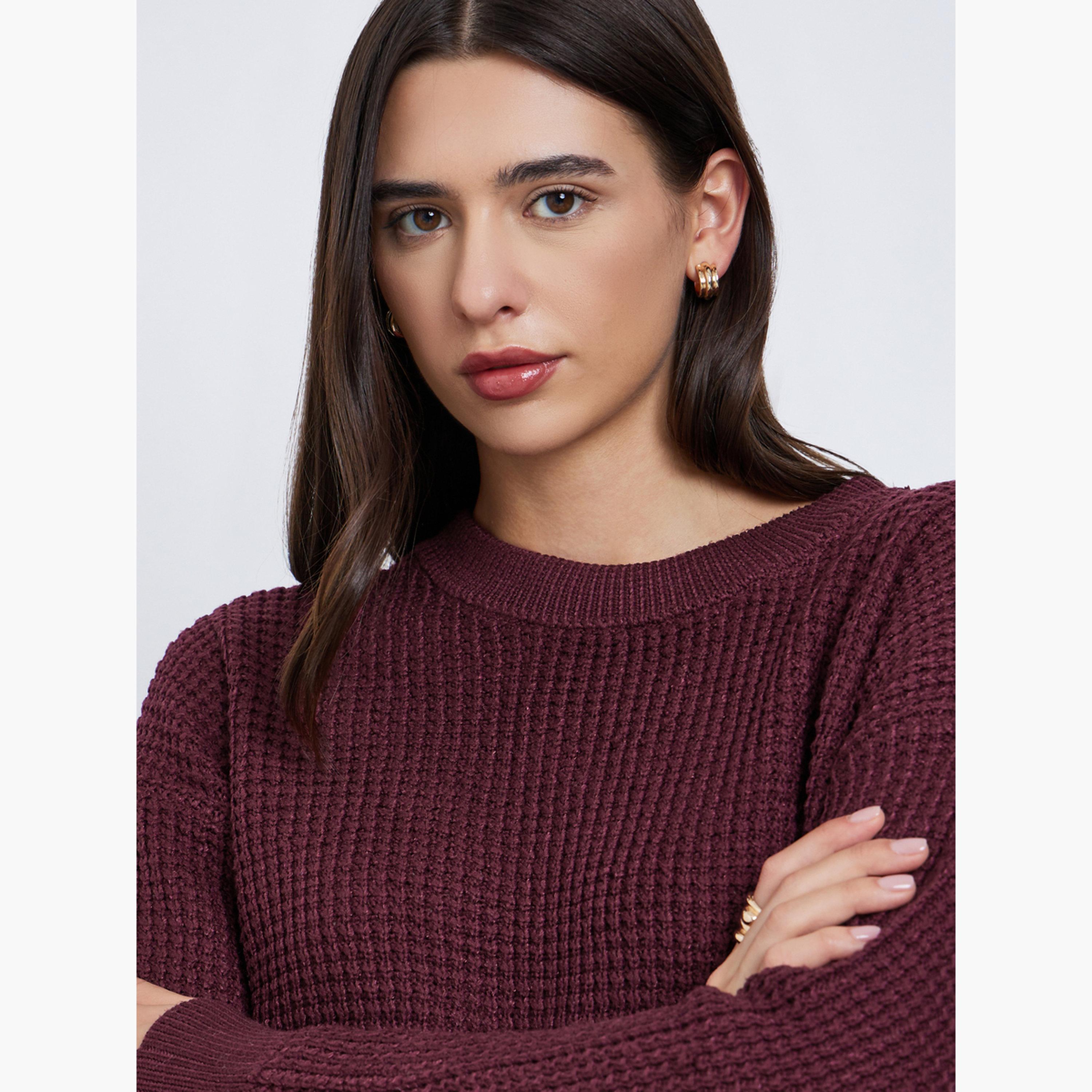Styli Burgundy Textured Knit Sweater-women-winterwear-cardigansandjumpers-jumpers-image-4