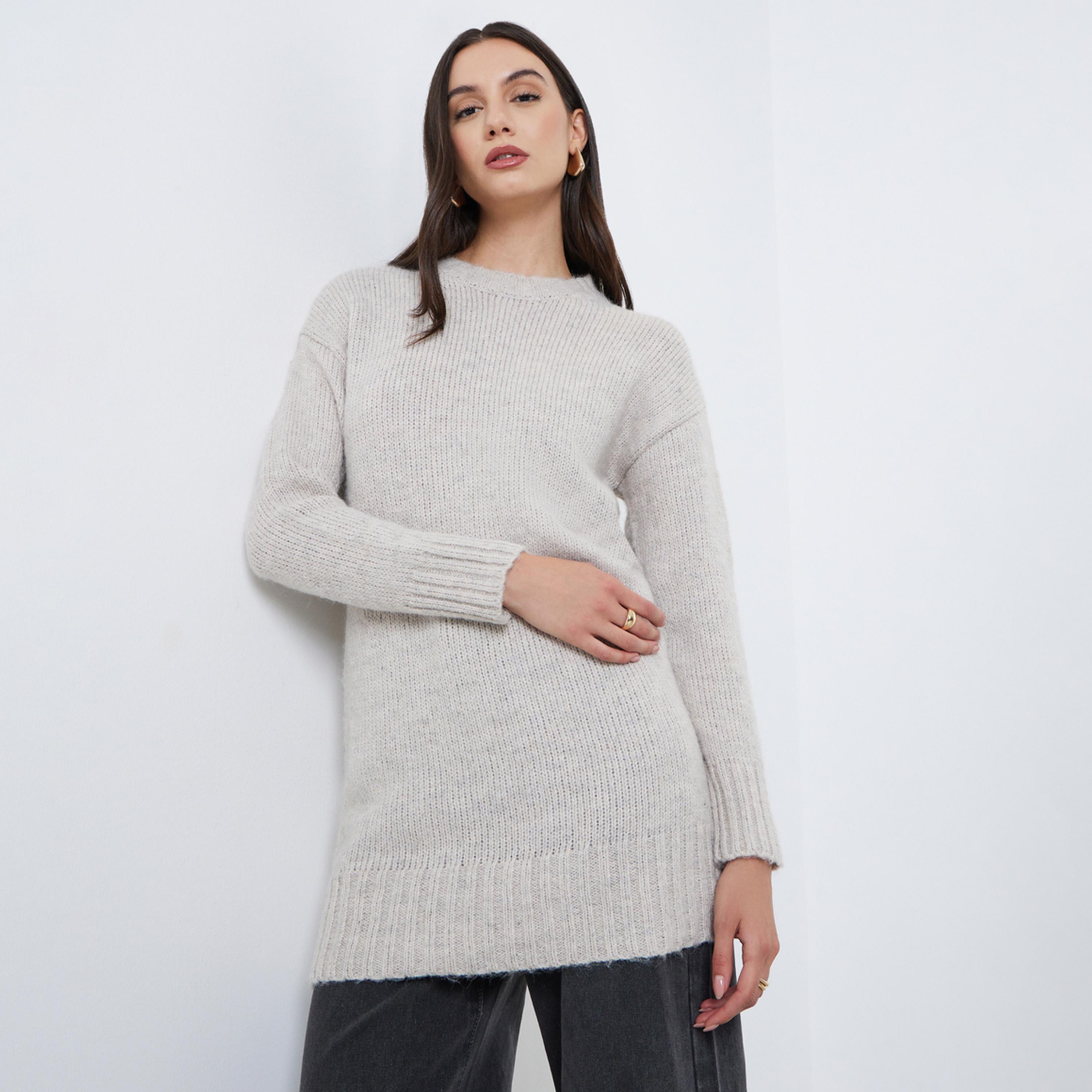 Styli Grey Regular Fit Longline Knit Sweater-women-winterwear-cardigansandjumpers-jumpers-image-1
