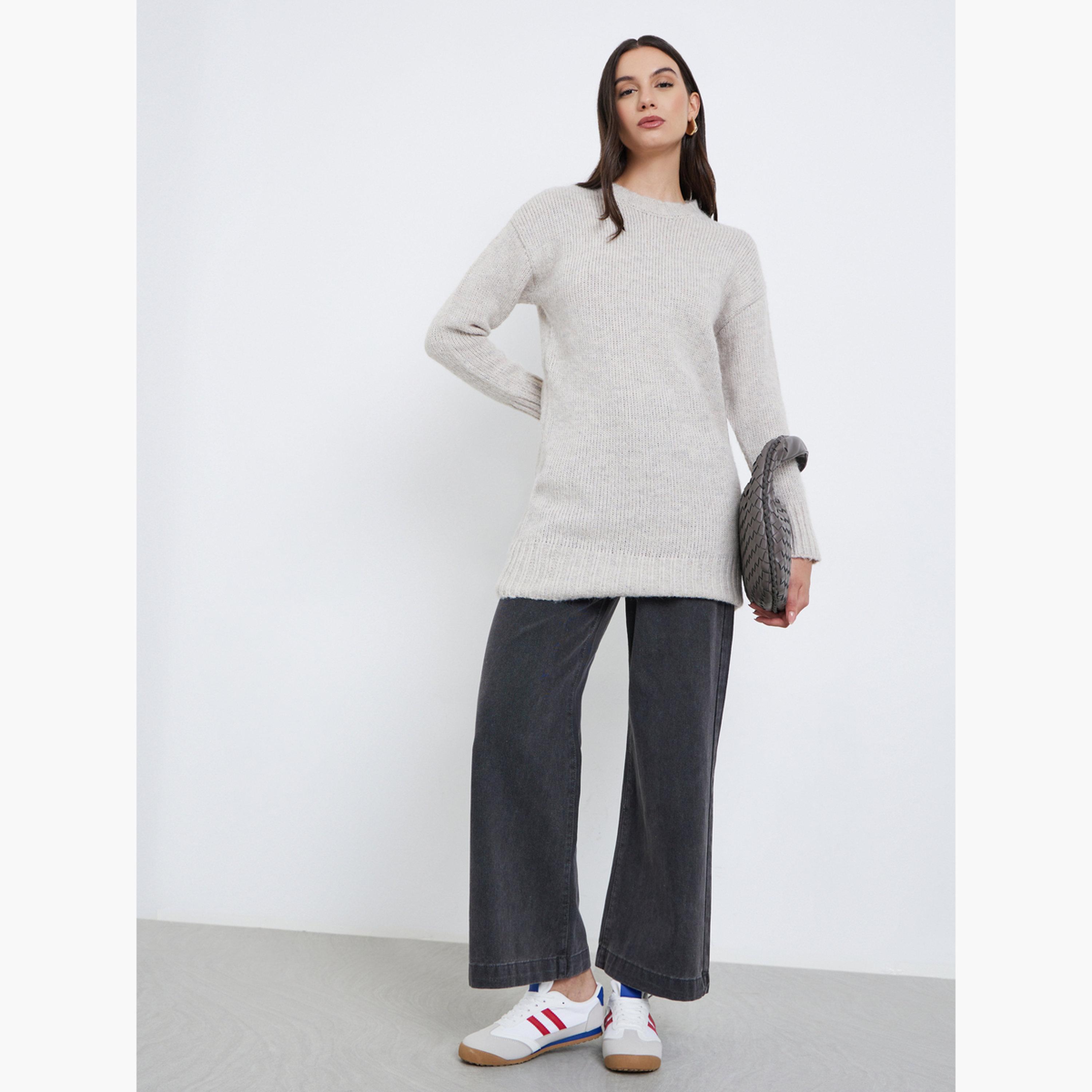 Styli Grey Regular Fit Longline Knit Sweater-women-winterwear-cardigansandjumpers-jumpers-image-2
