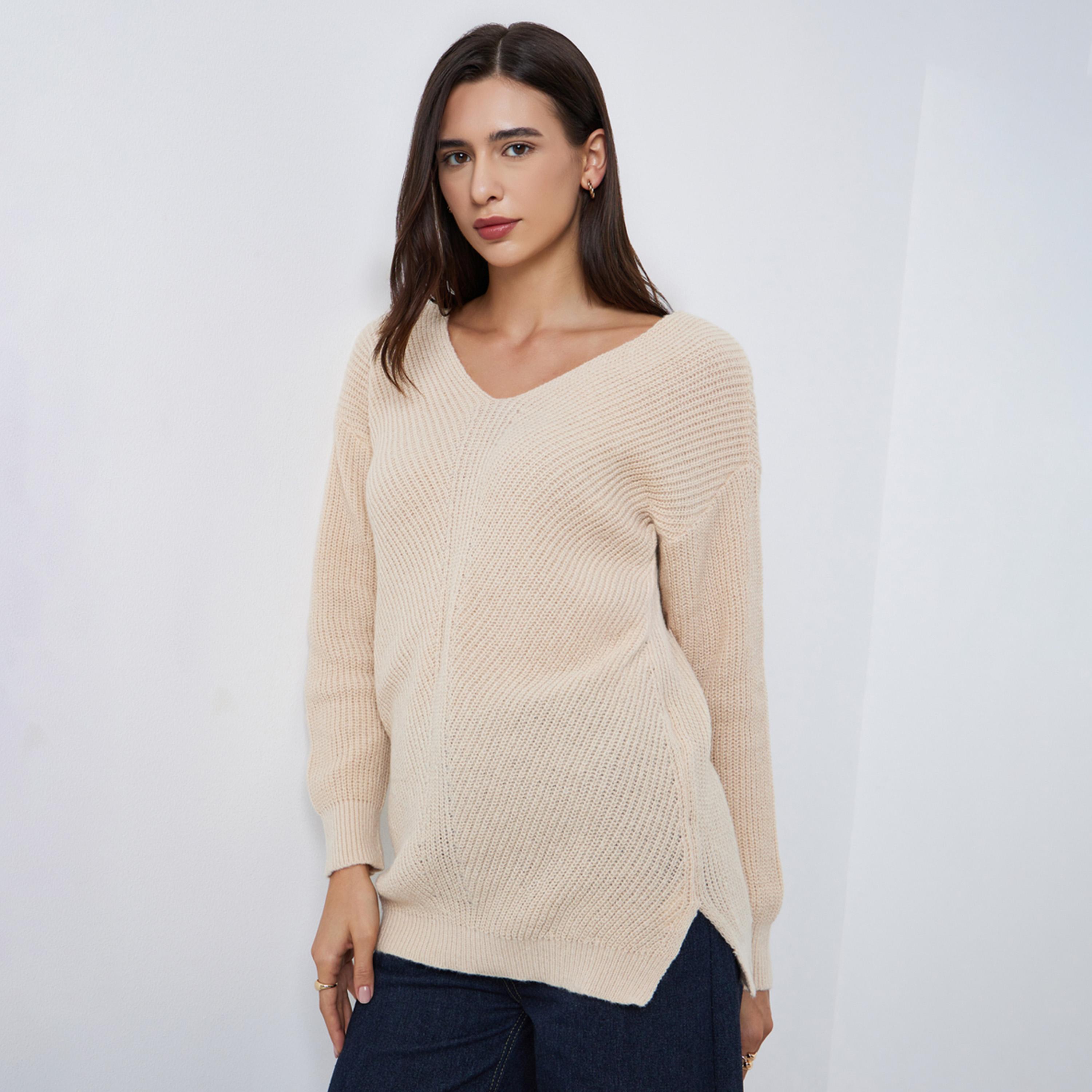 Styli Beige Longline Dropped Shoulder Knit Sweater-women-winterwear-cardigansandjumpers-jumpers-image-1