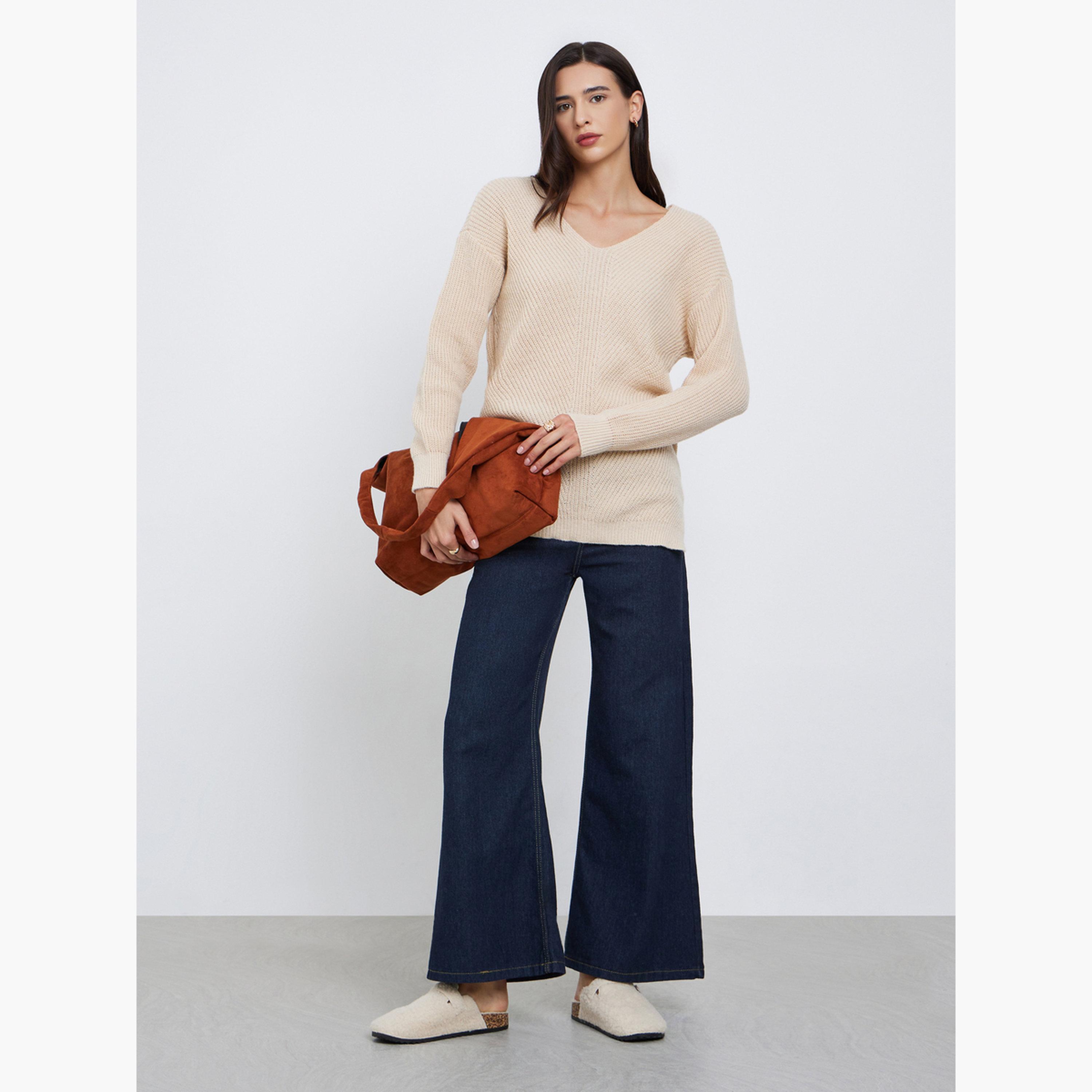 Styli Beige Longline Dropped Shoulder Knit Sweater-women-winterwear-cardigansandjumpers-jumpers-image-2