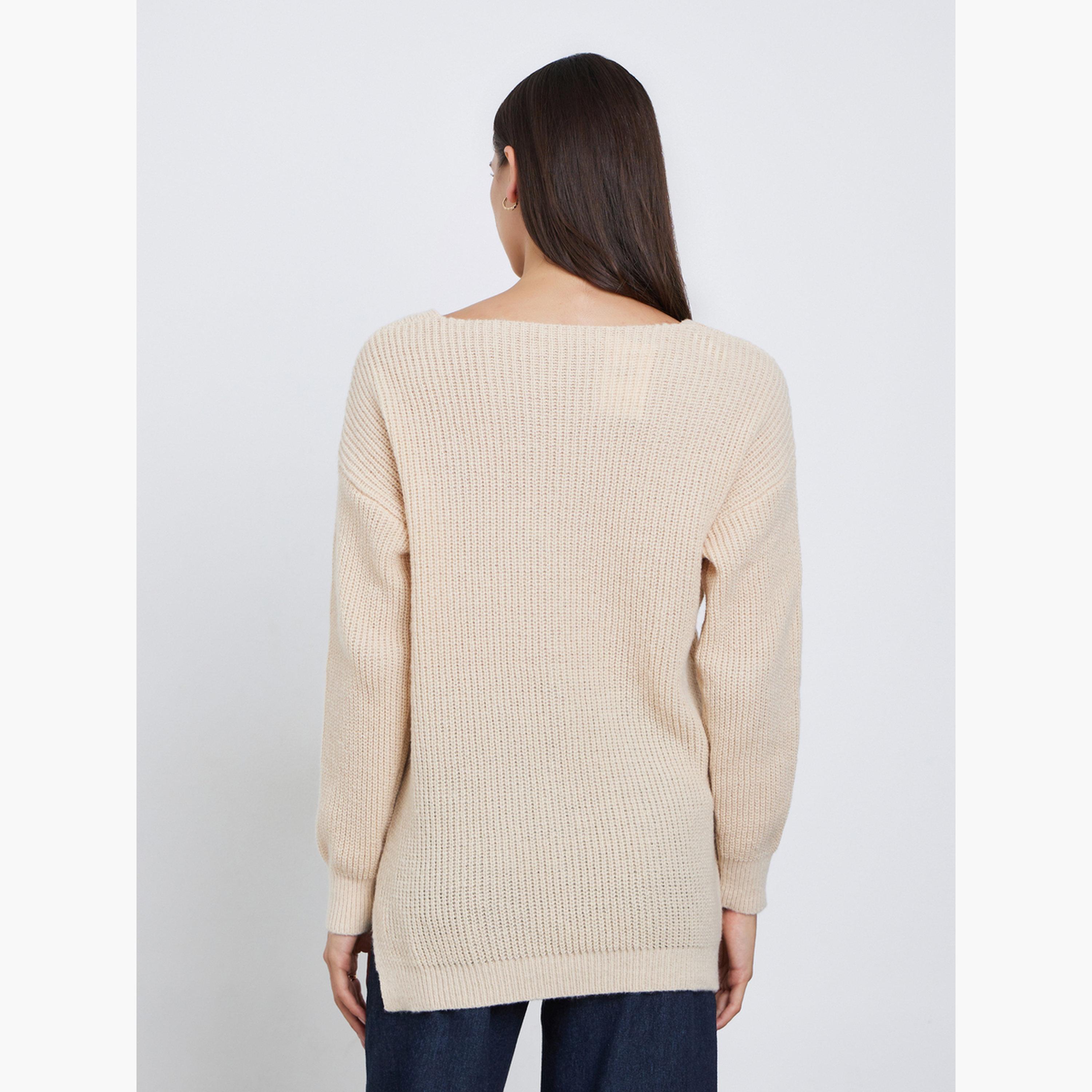 Styli Beige Longline Dropped Shoulder Knit Sweater-women-winterwear-cardigansandjumpers-jumpers-image-4