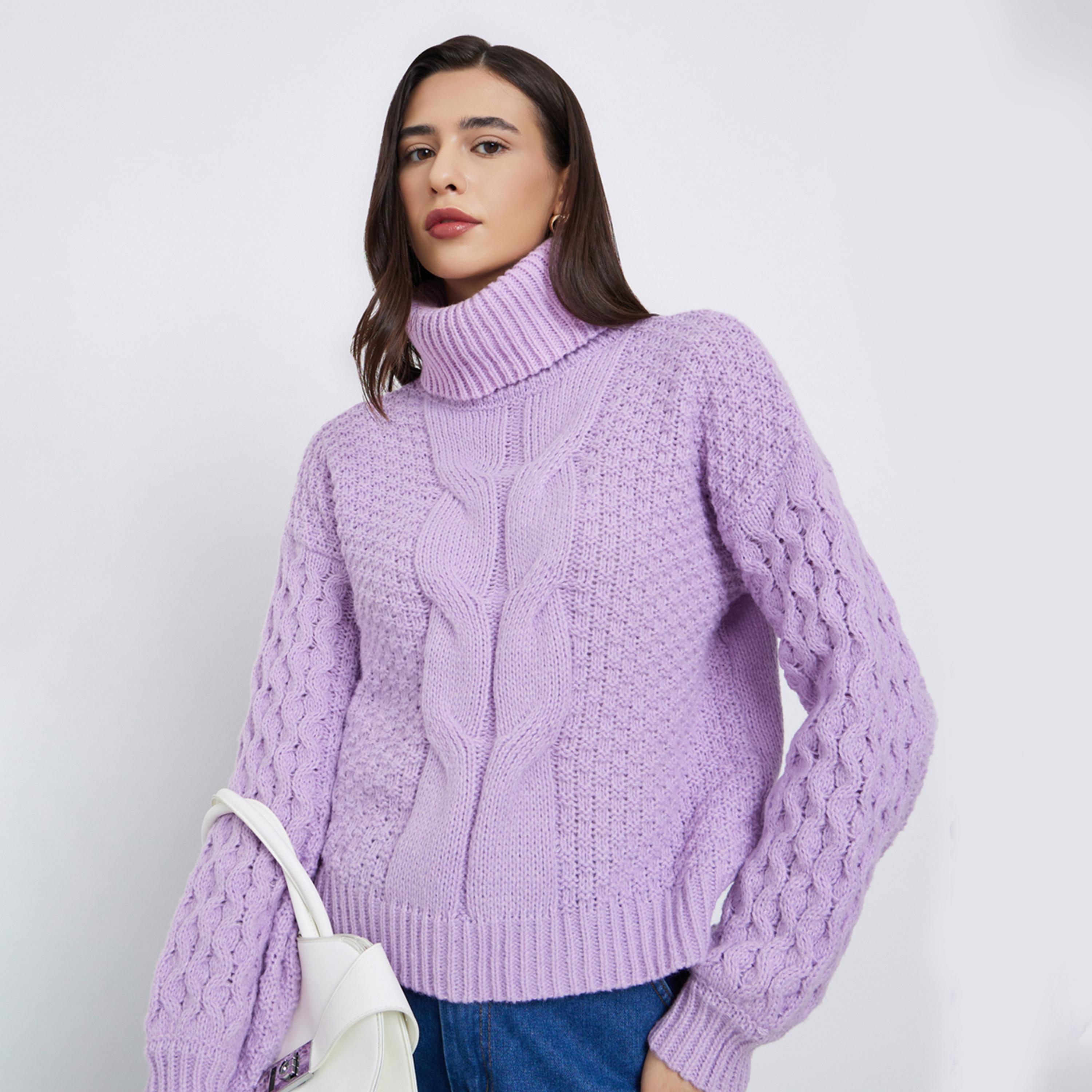 Styli Women Lilac Regular Fit Cable Knit Sweater-women-clothing-cardigansandjumpers-jumpers-image-1