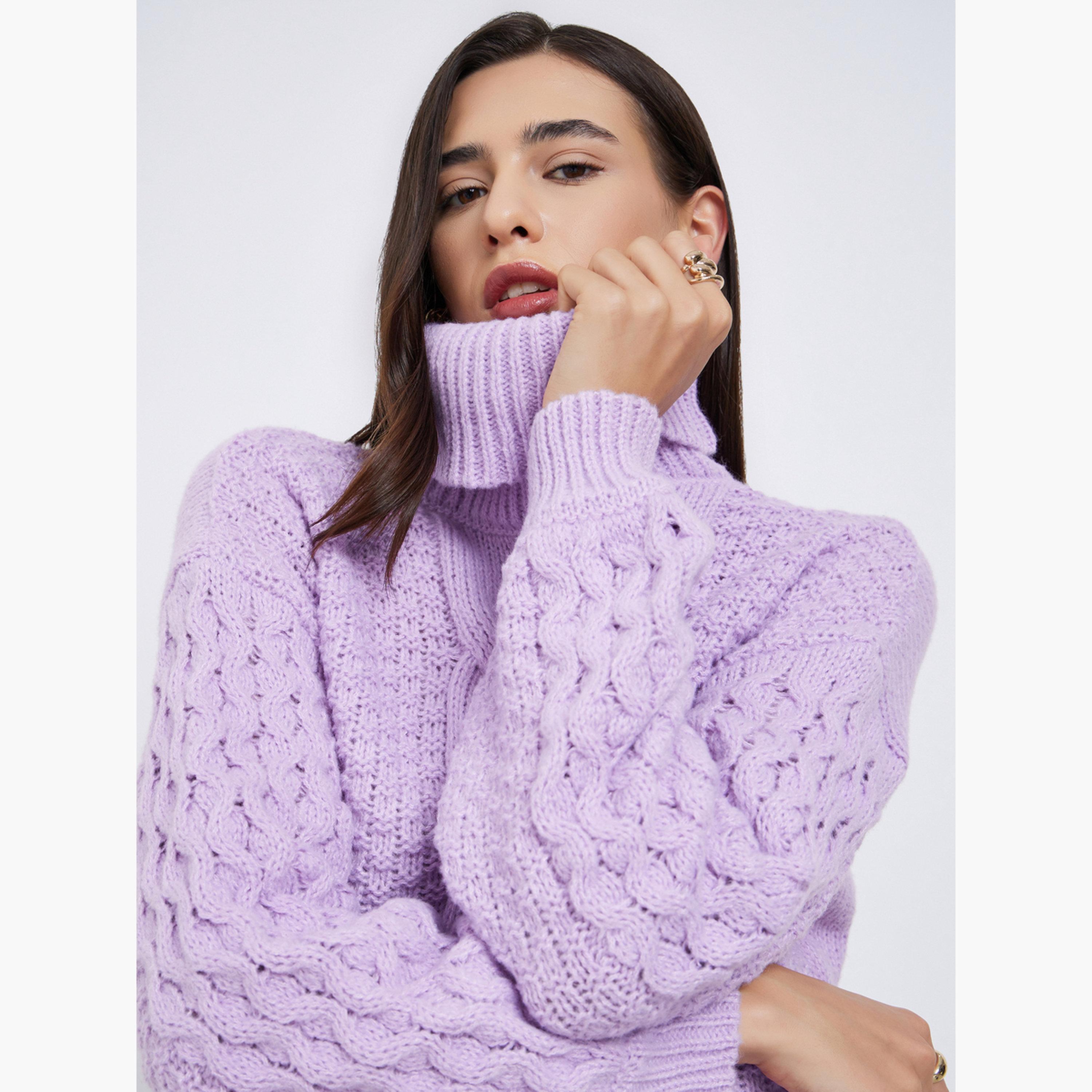 Styli Women Lilac Regular Fit Cable Knit Sweater-women-clothing-cardigansandjumpers-jumpers-image-3