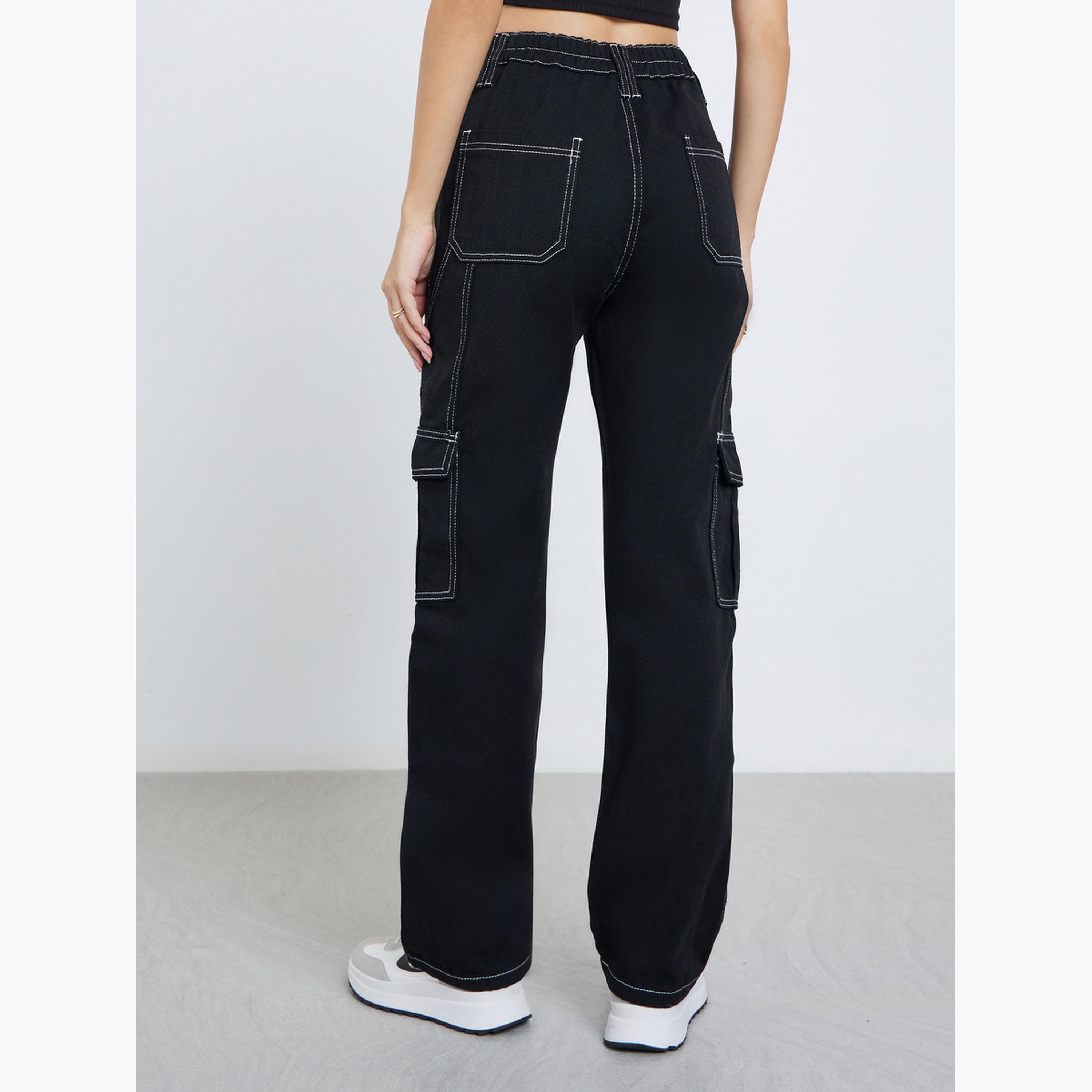 ستايلي - بنطال جينز كارجو واسع الساق بتفاصيل جيوب سادة-women-clothing-bottoms-jeans-image-4