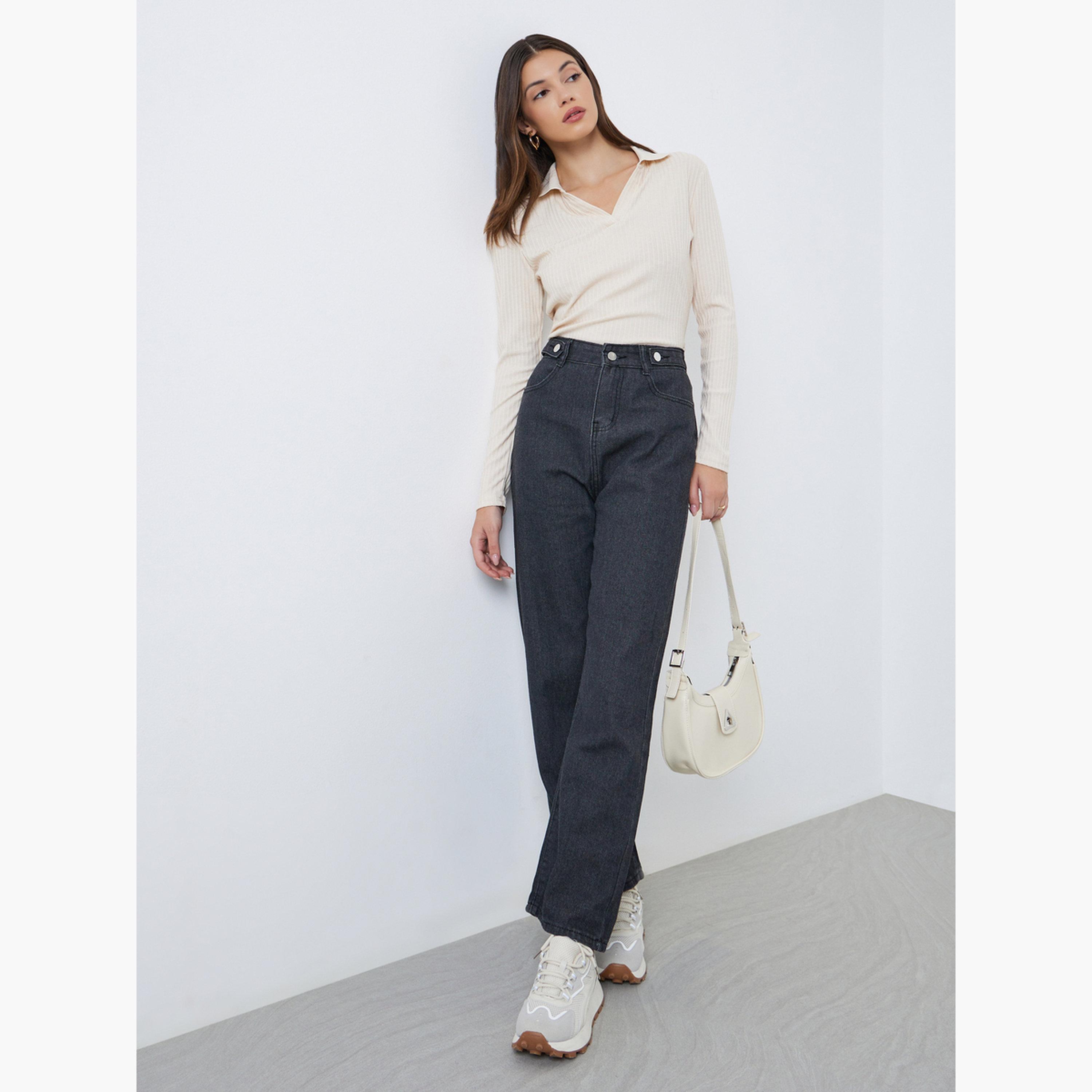 Styli Solid Mid Rise Wide Leg Jeans-women-clothing-bottoms-jeans-image-2